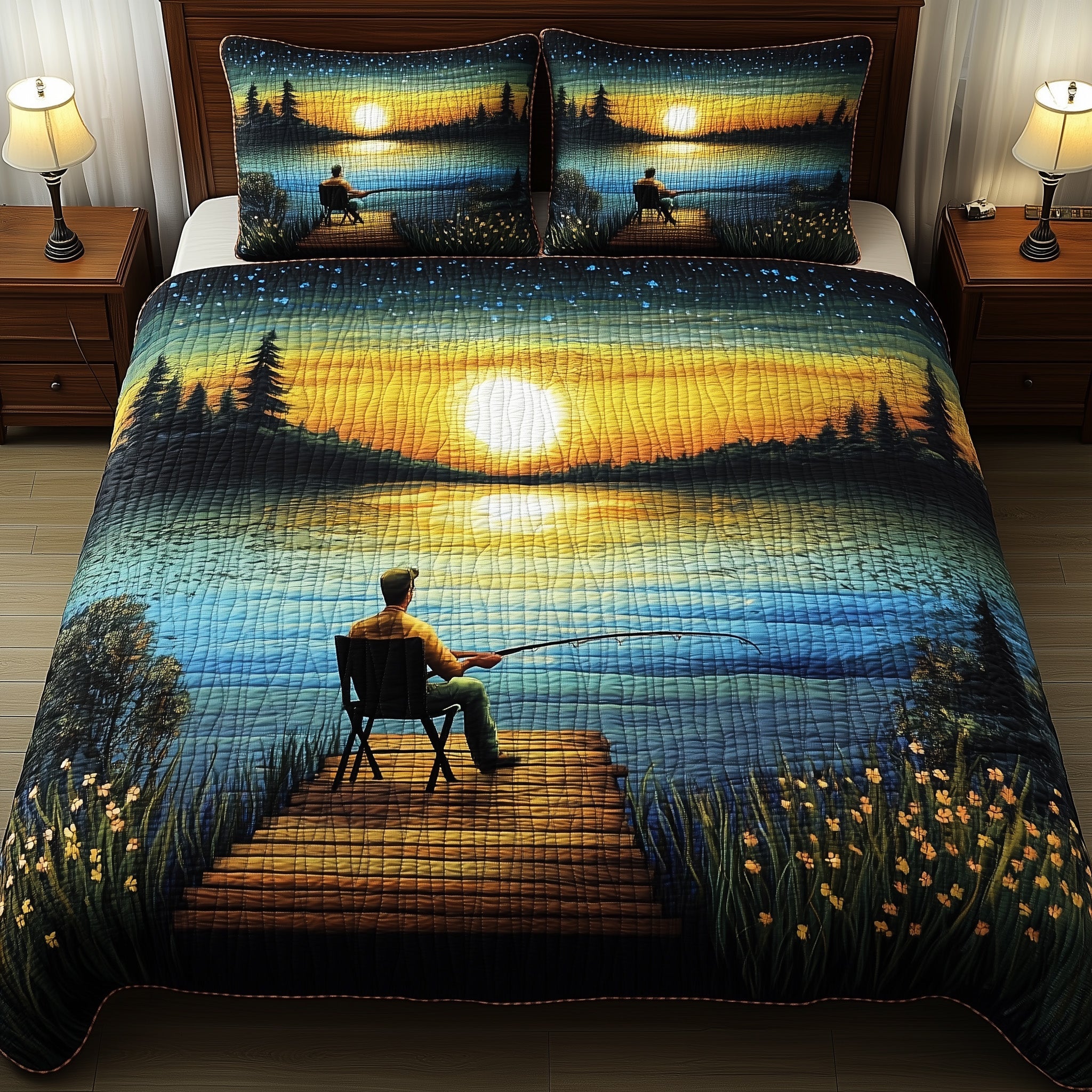 Fishing Delights Quilted Bedding Set Duvet Cover Merchandise Birthday Gifts For Fishing Lovers