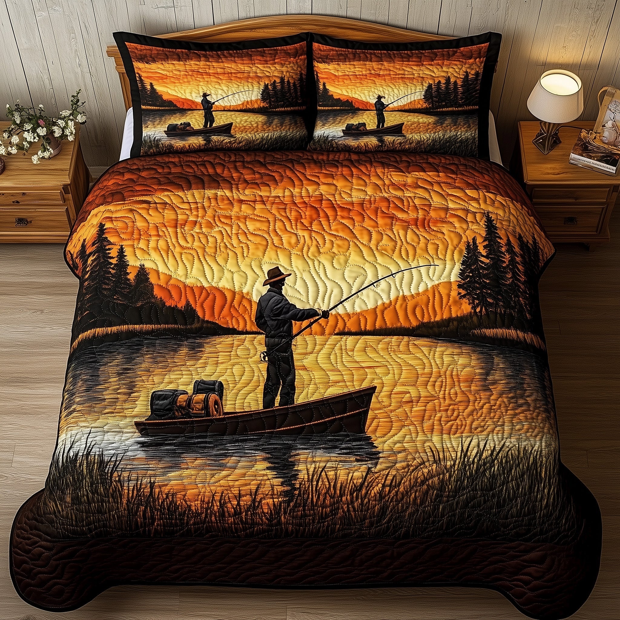 Fishing Delights Quilted Bedding Set Duvet Cover Merchandise Birthday Presents For Fishing Lovers
