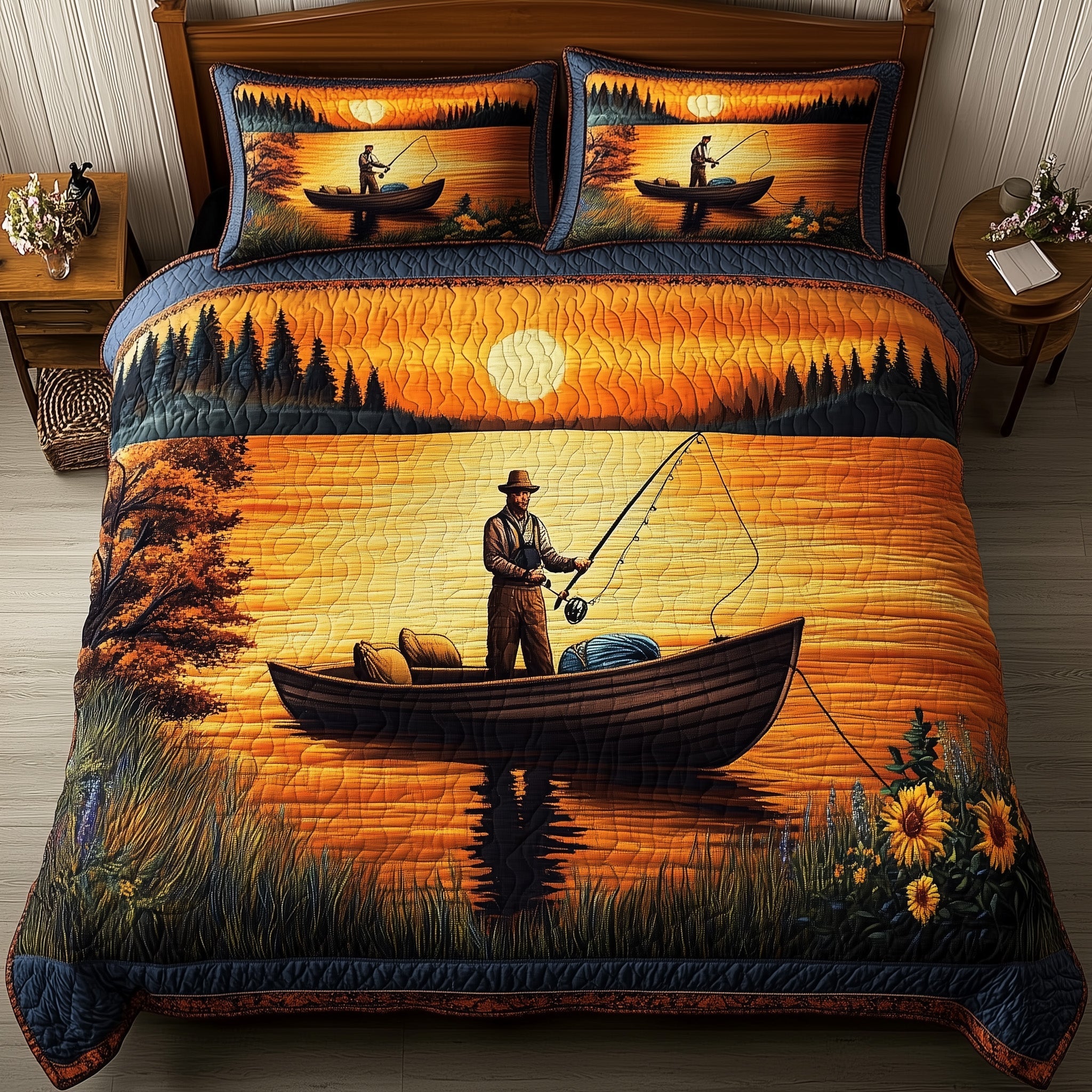 Fishing Delights Quilted Bedding Set Duvet Cover Merchandise Cool Gifts For Fishing Lovers