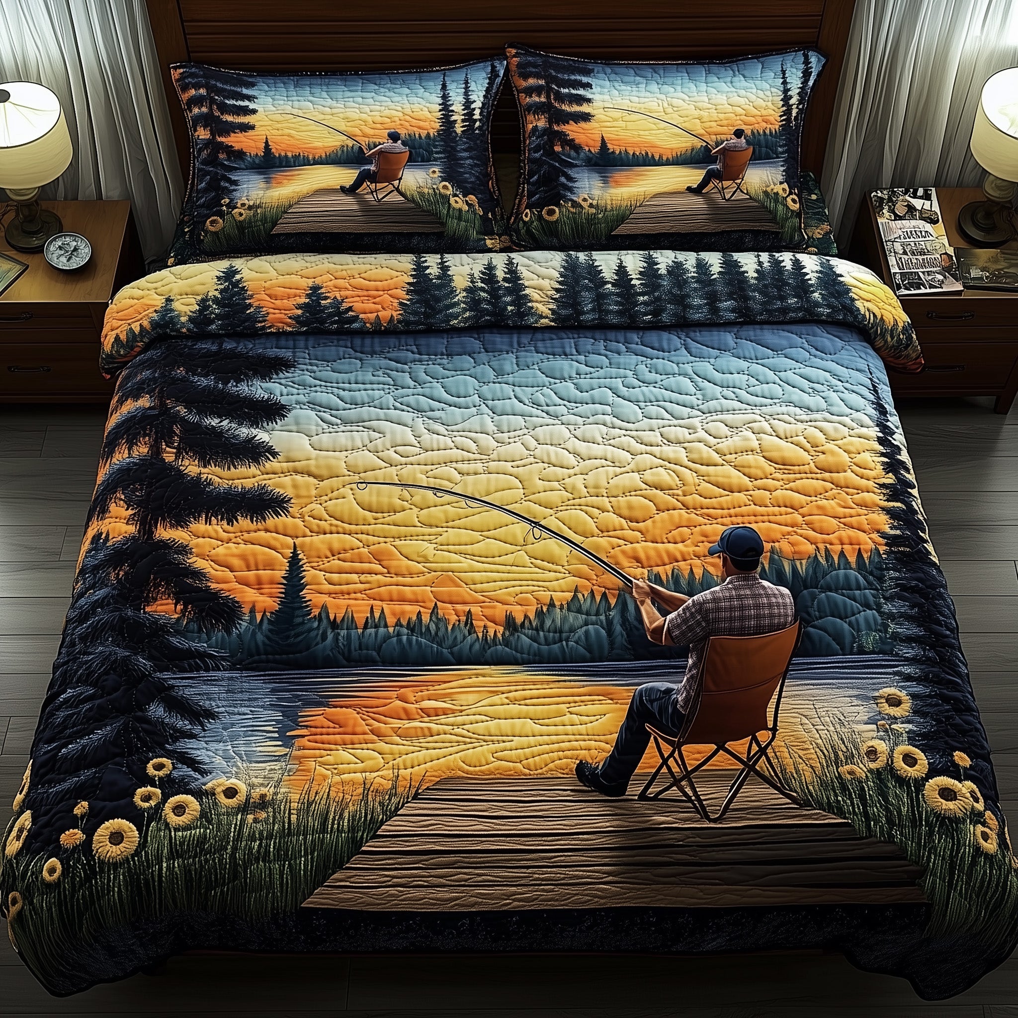 Fishing Delights Quilted Bedding Set Duvet Cover Merchandise Fishing Items For Lovers