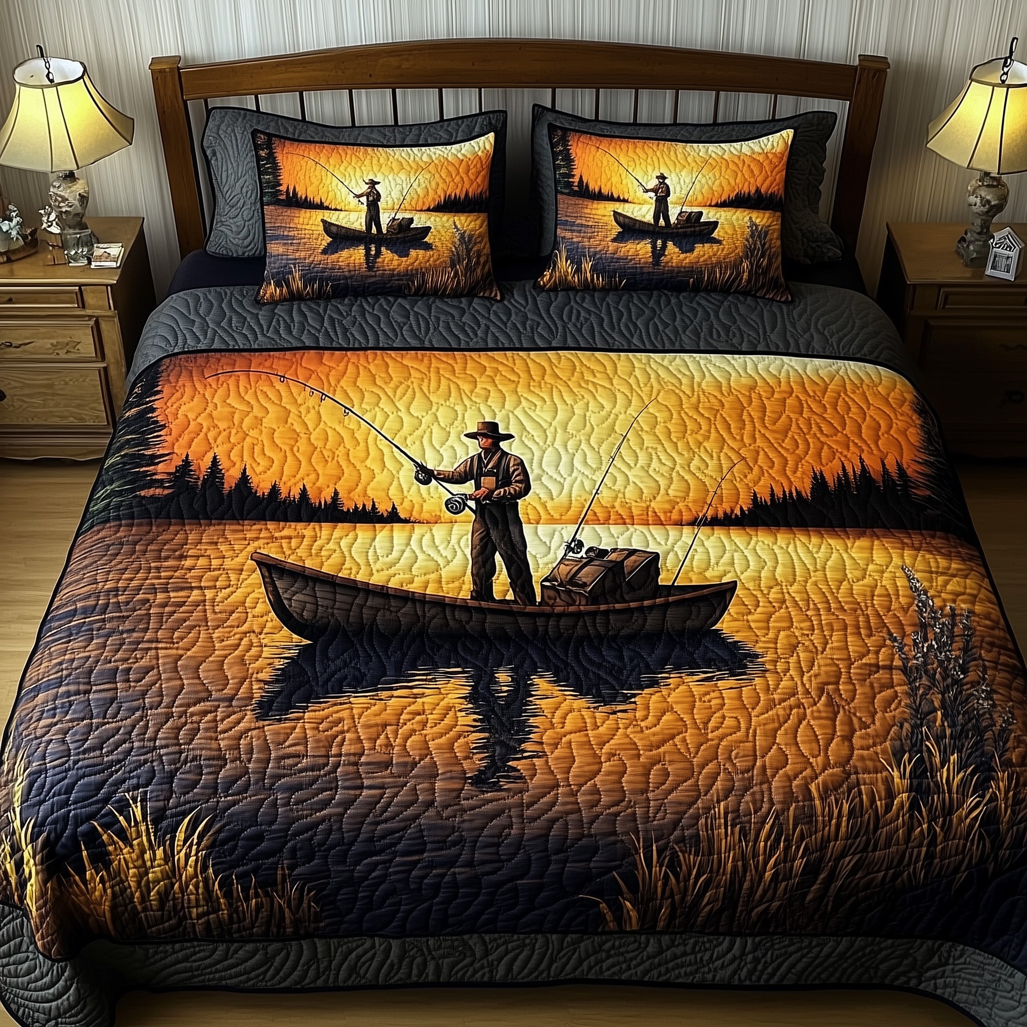 Fishing Delights Quilted Bedding Set Duvet Cover Merchandise Fishing Theme Merchandise