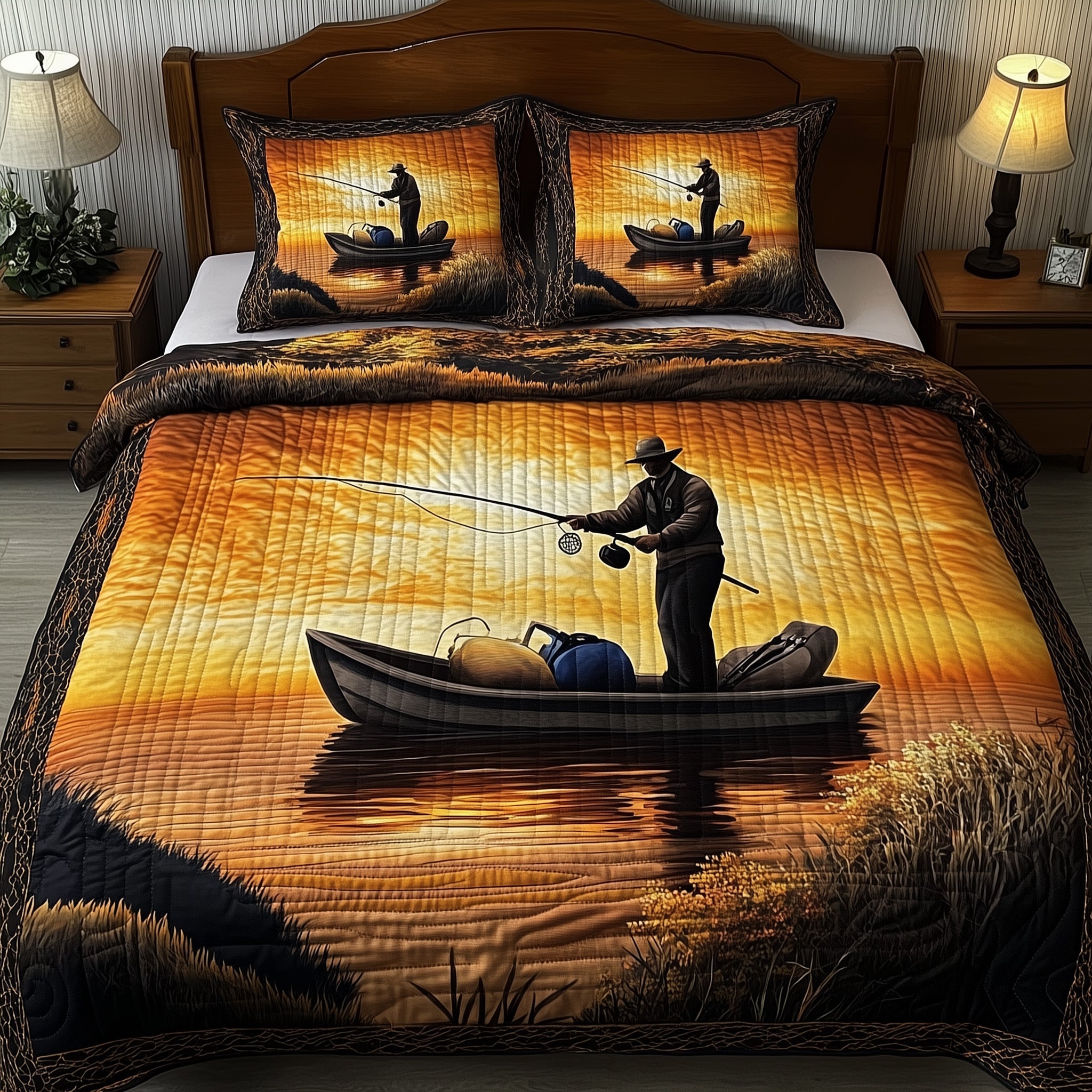 Fishing Delights Quilted Bedding Set Duvet Cover Merchandise Fishing Themed Gifts For Adults