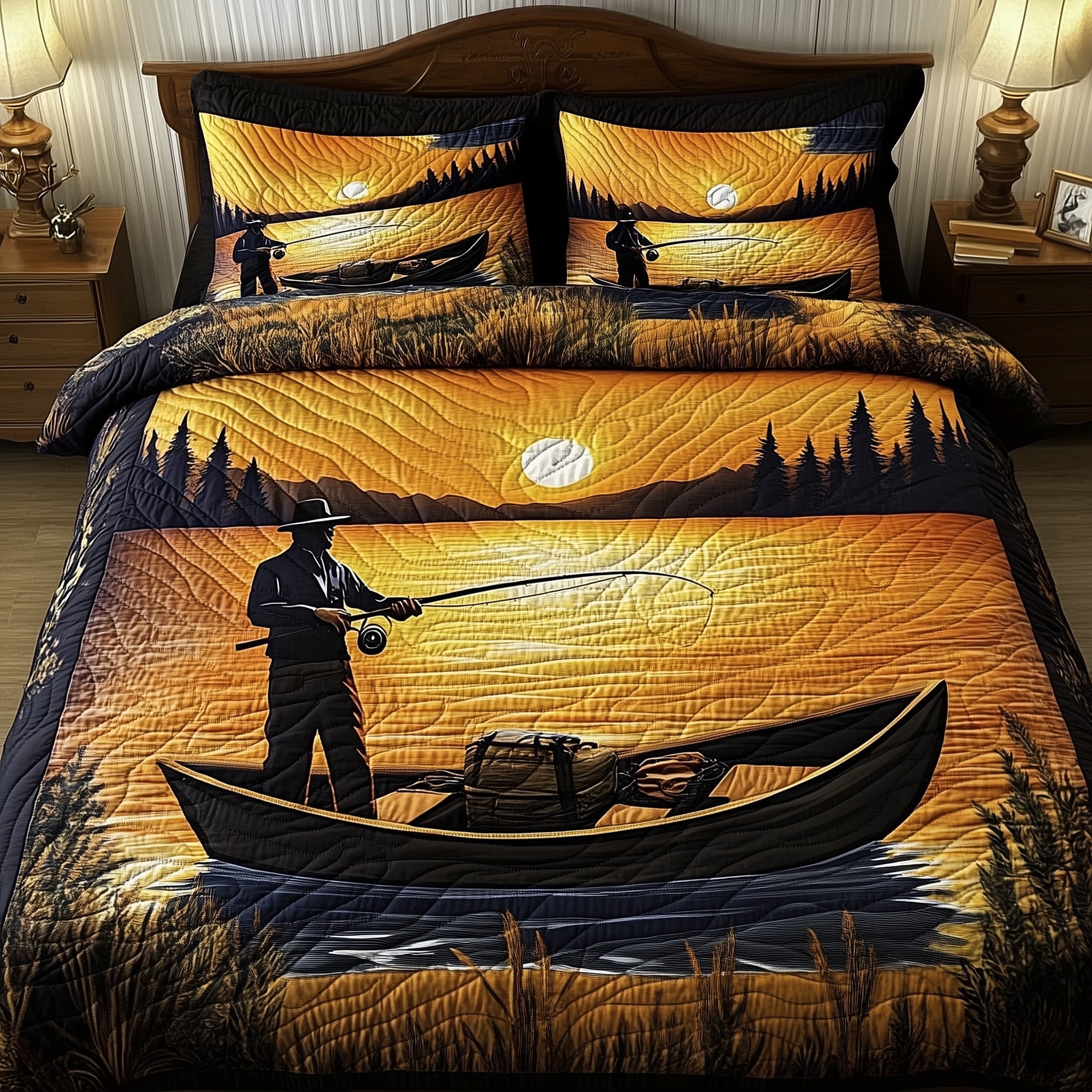 Fishing Delights Quilted Bedding Set Duvet Cover Merchandise Gifts For People Who Like Fishing