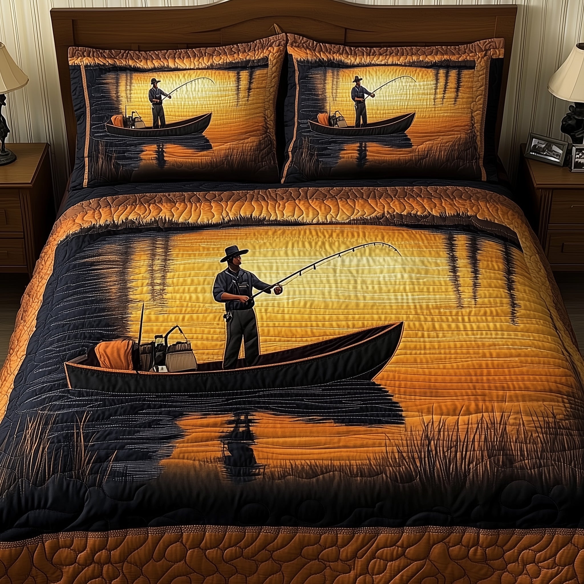 Fishing Delights Quilted Bedding Set Duvet Cover Merchandise Items Stuff For Fishing Lovers