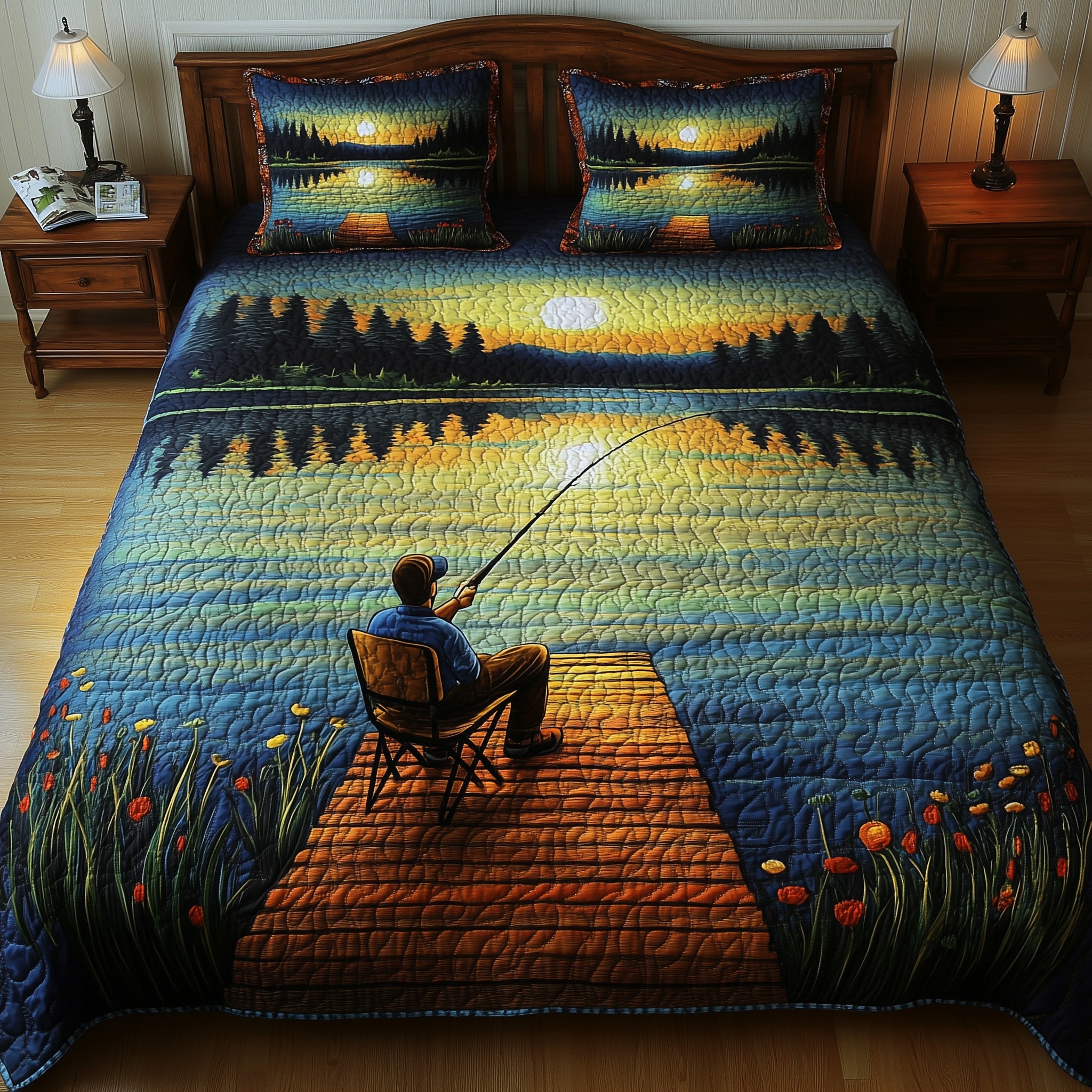 Fishing Delights Quilted Bedding Set Duvet Cover Merchandise Unique Best Gifts For Fishing Lovers