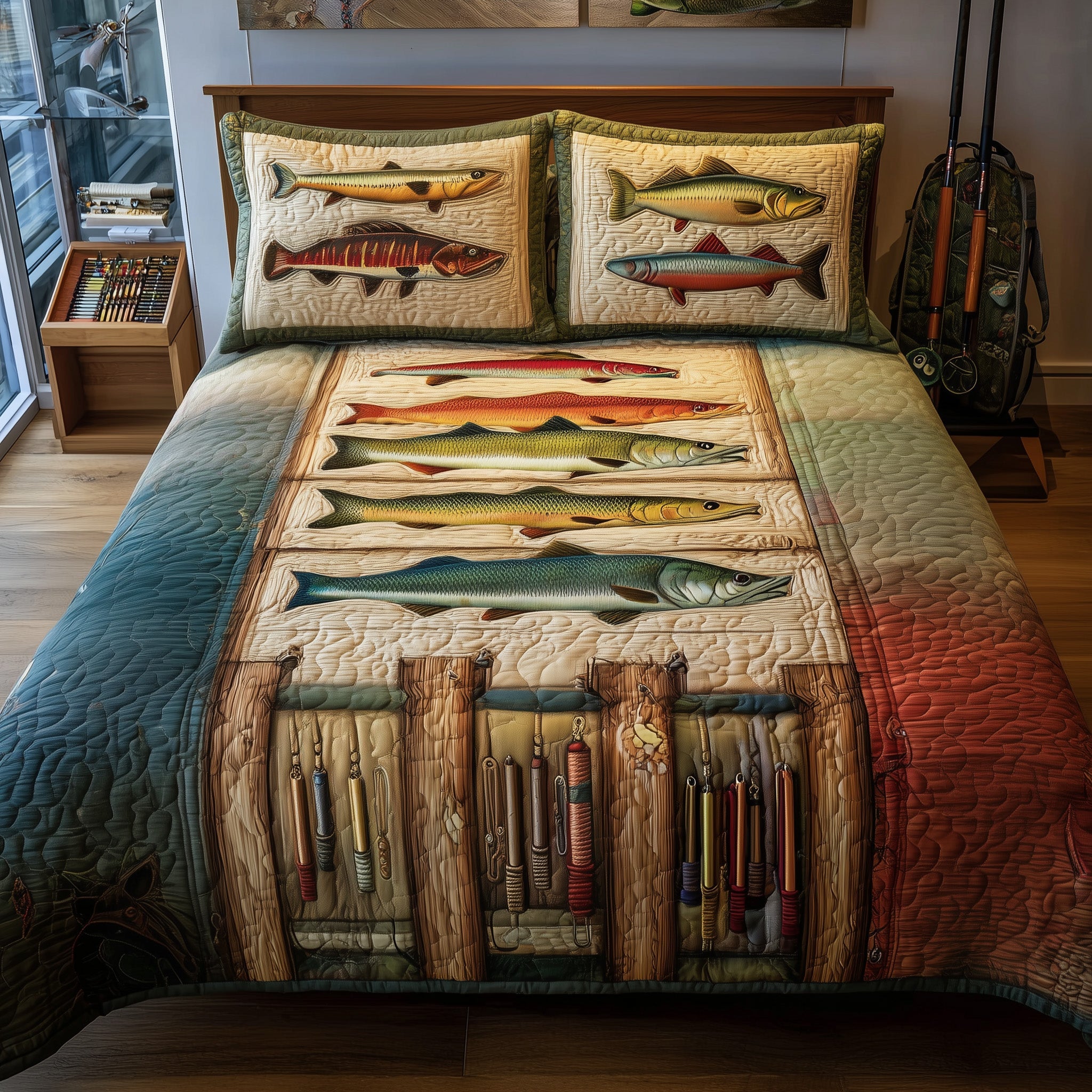 Fishing Delights Quilted Bedding Set Linen Blend