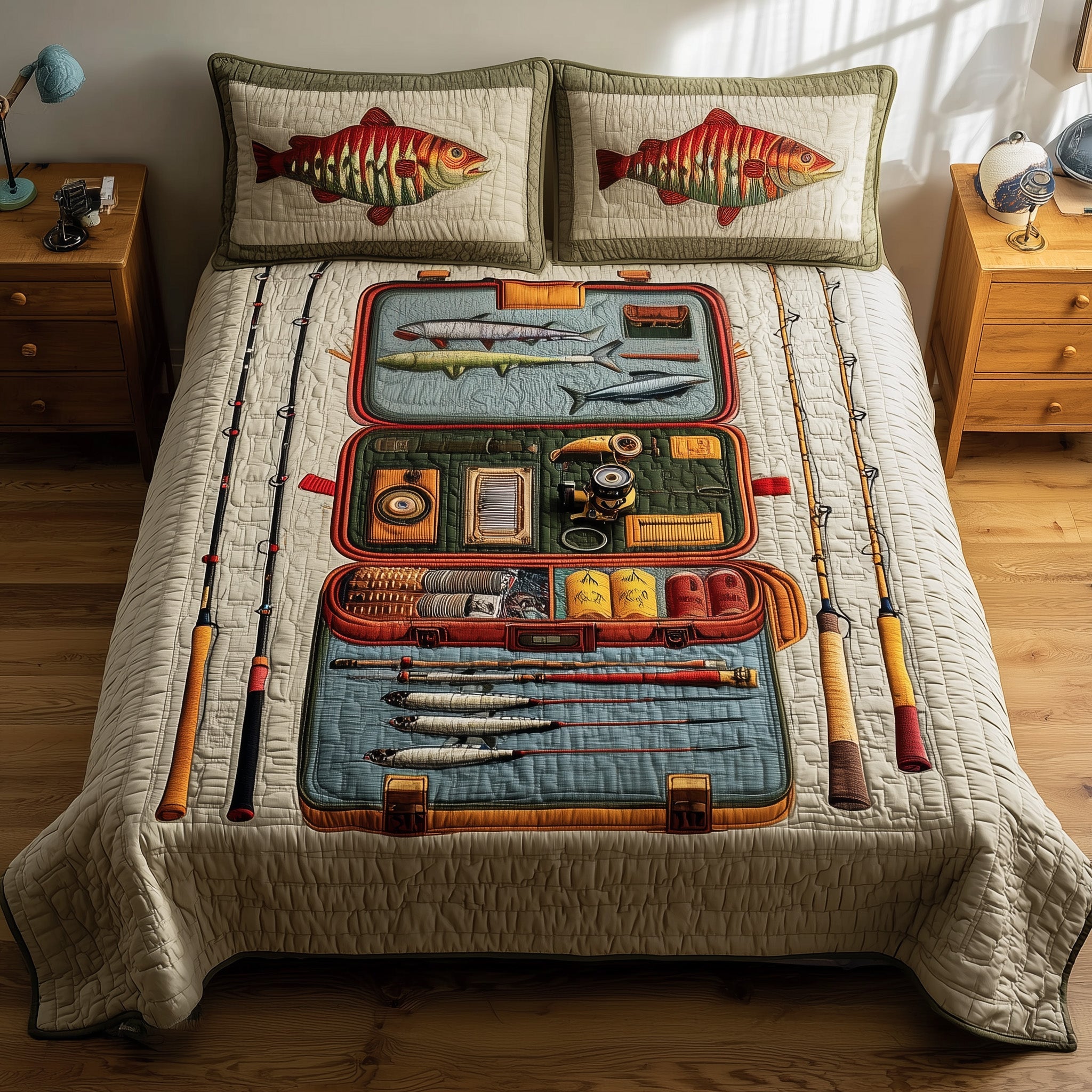 Fishing Delights Quilted Bedding Set Microfiber