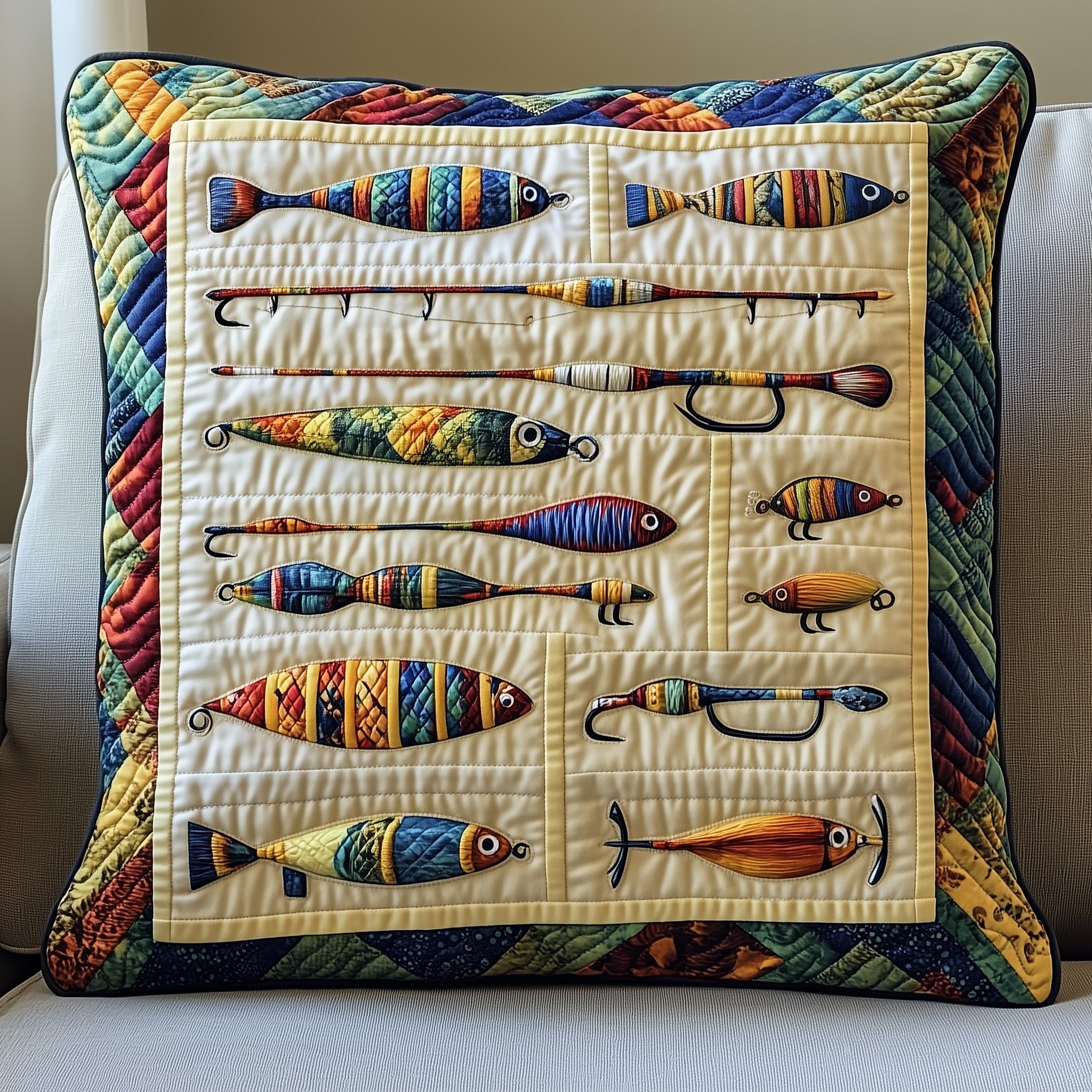 Fishing Delights Quilted Pillow Case Pillow Protector CoverBest Gifts For Fisherman
