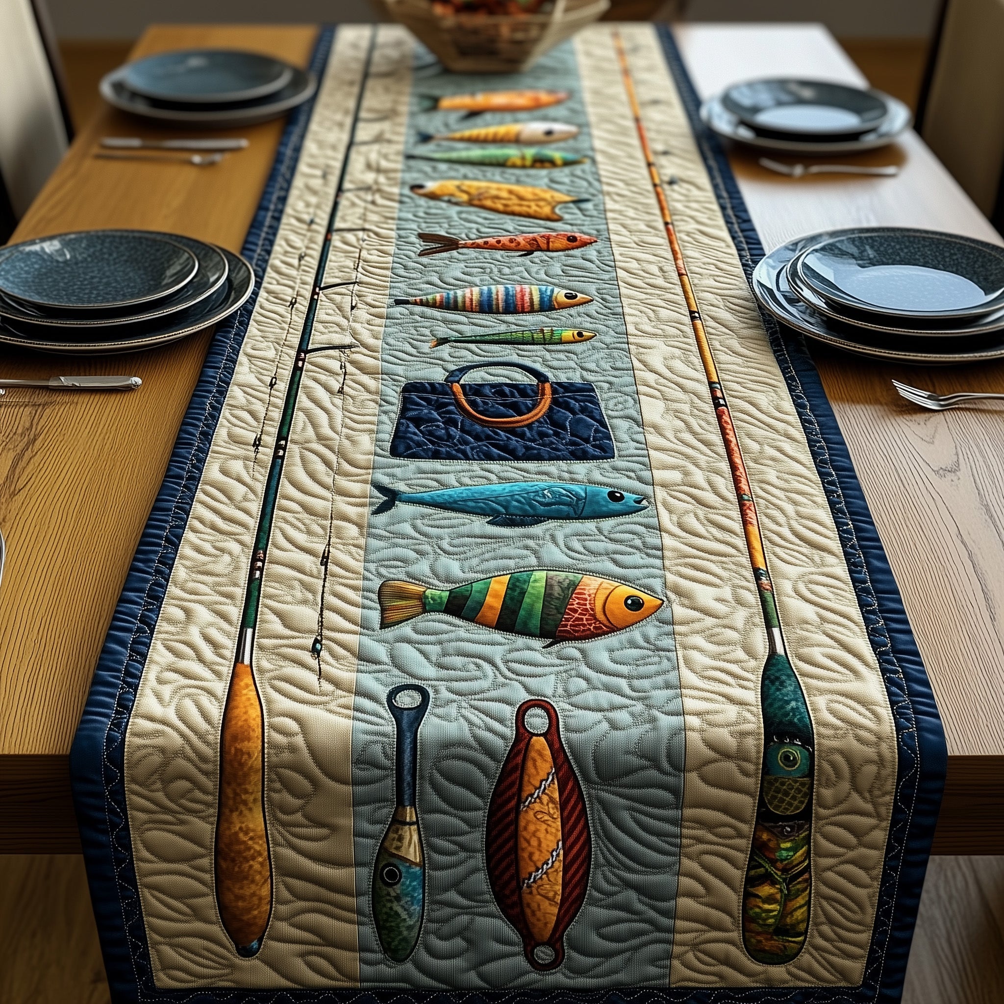 Fishing Delights Quilted Table Runner Cozy Christmas Table Runner