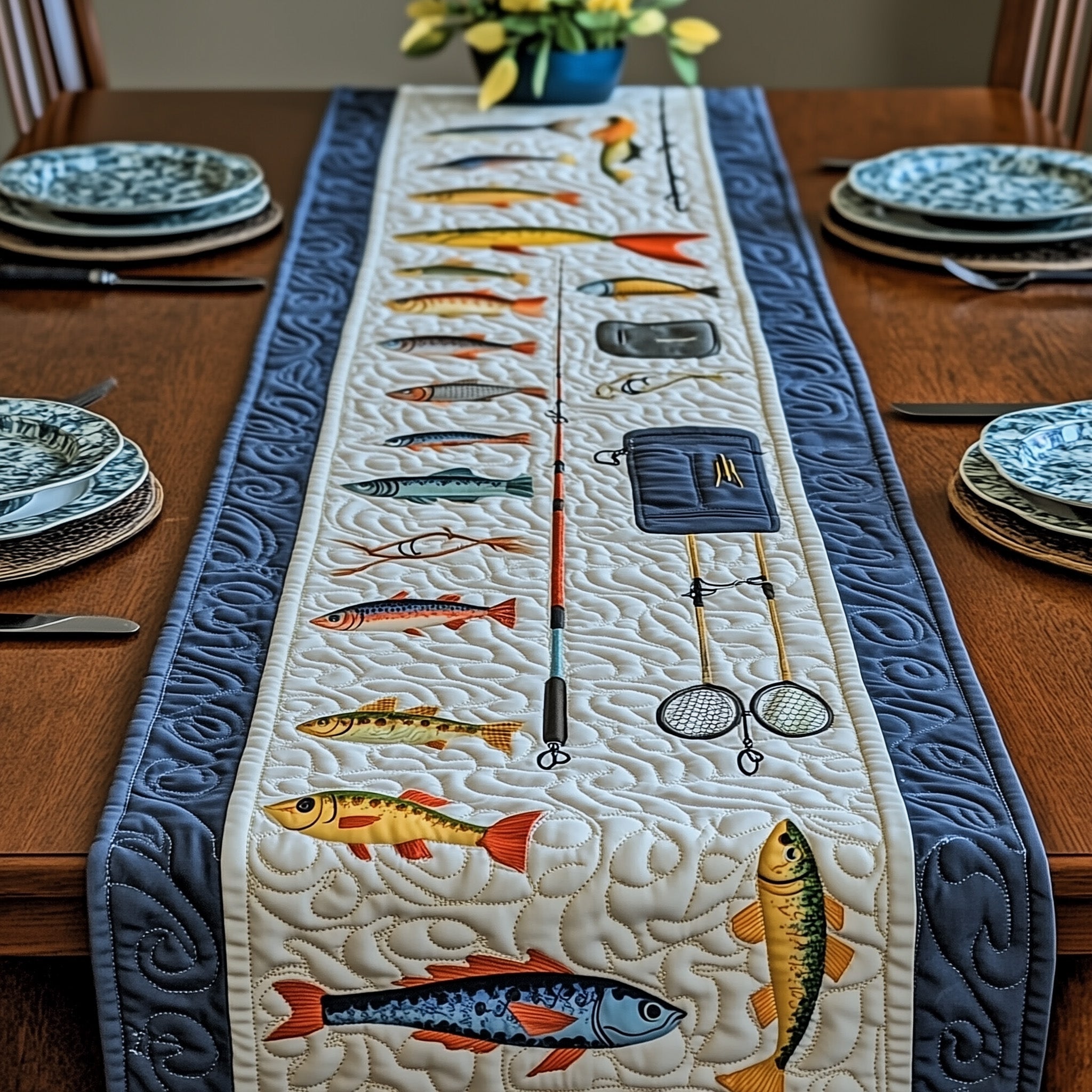 Fishing Delights Quilted Table Runner Cozy Winter Table Runner for Home