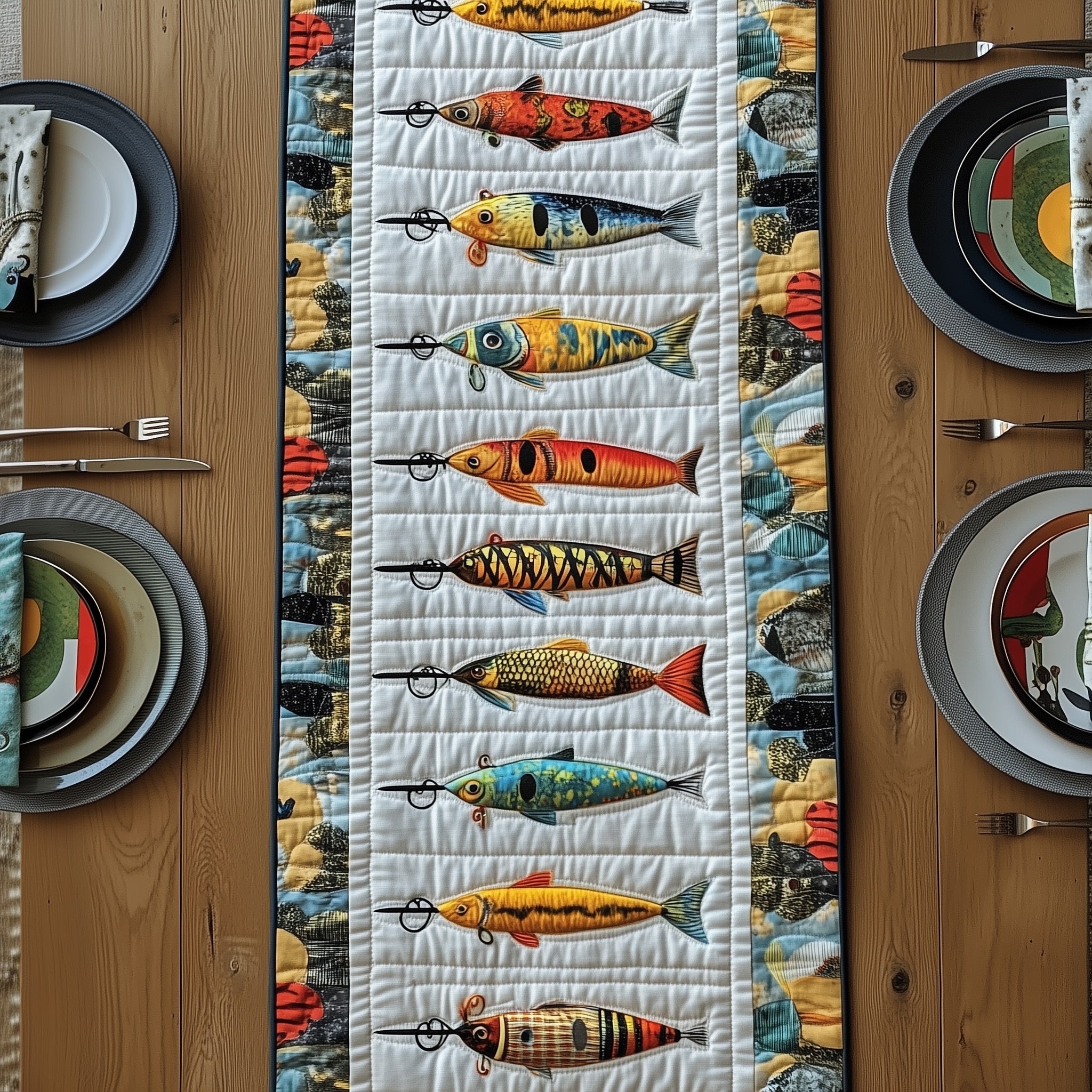 Fishing Delights Quilted Table Runner Festive Christmas Dining Room Table Runner