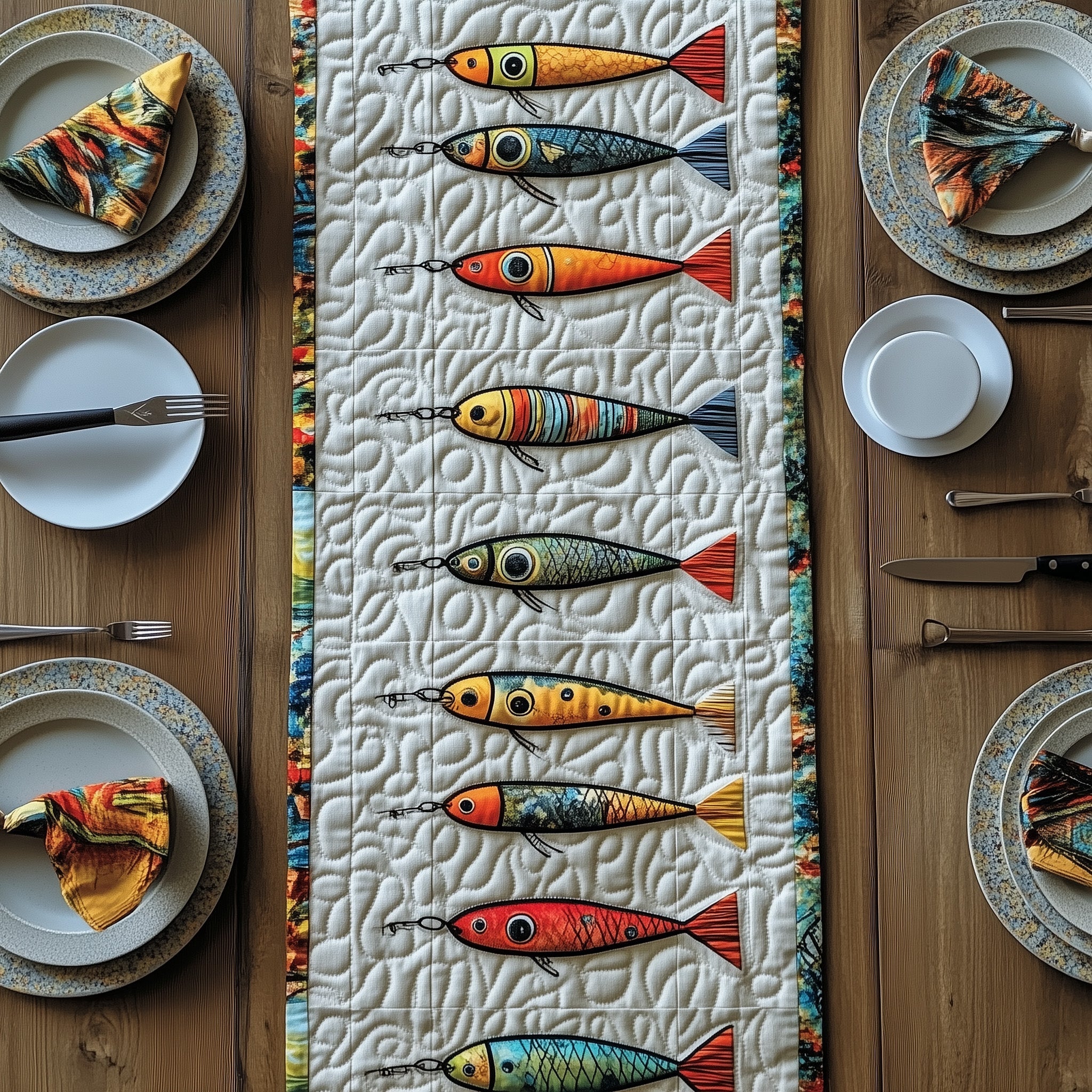Fishing Delights Quilted Table Runner Festive Holiday Table Runner Decor