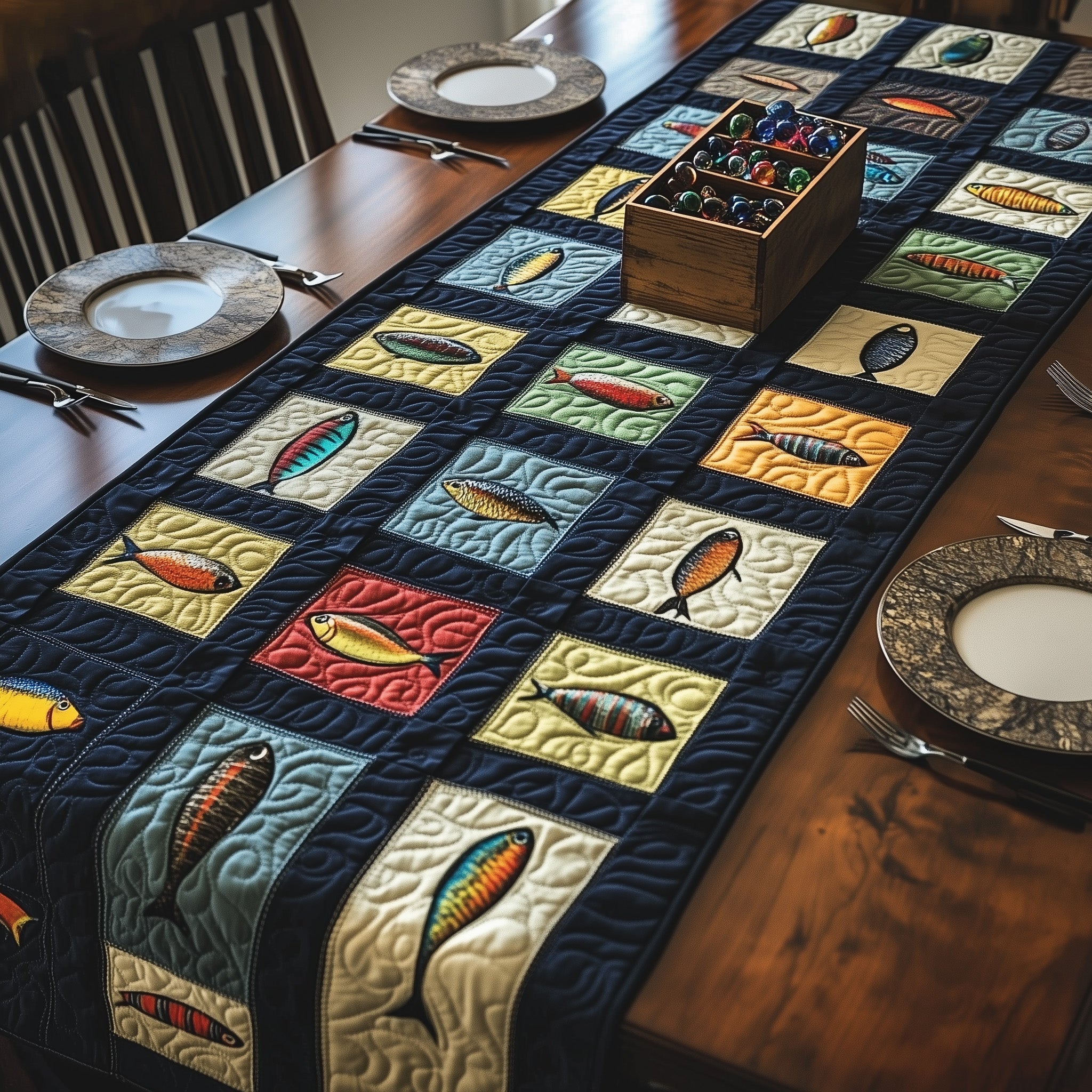 Fishing Delights Quilted Table Runner Festive Table Runner for Dining Table