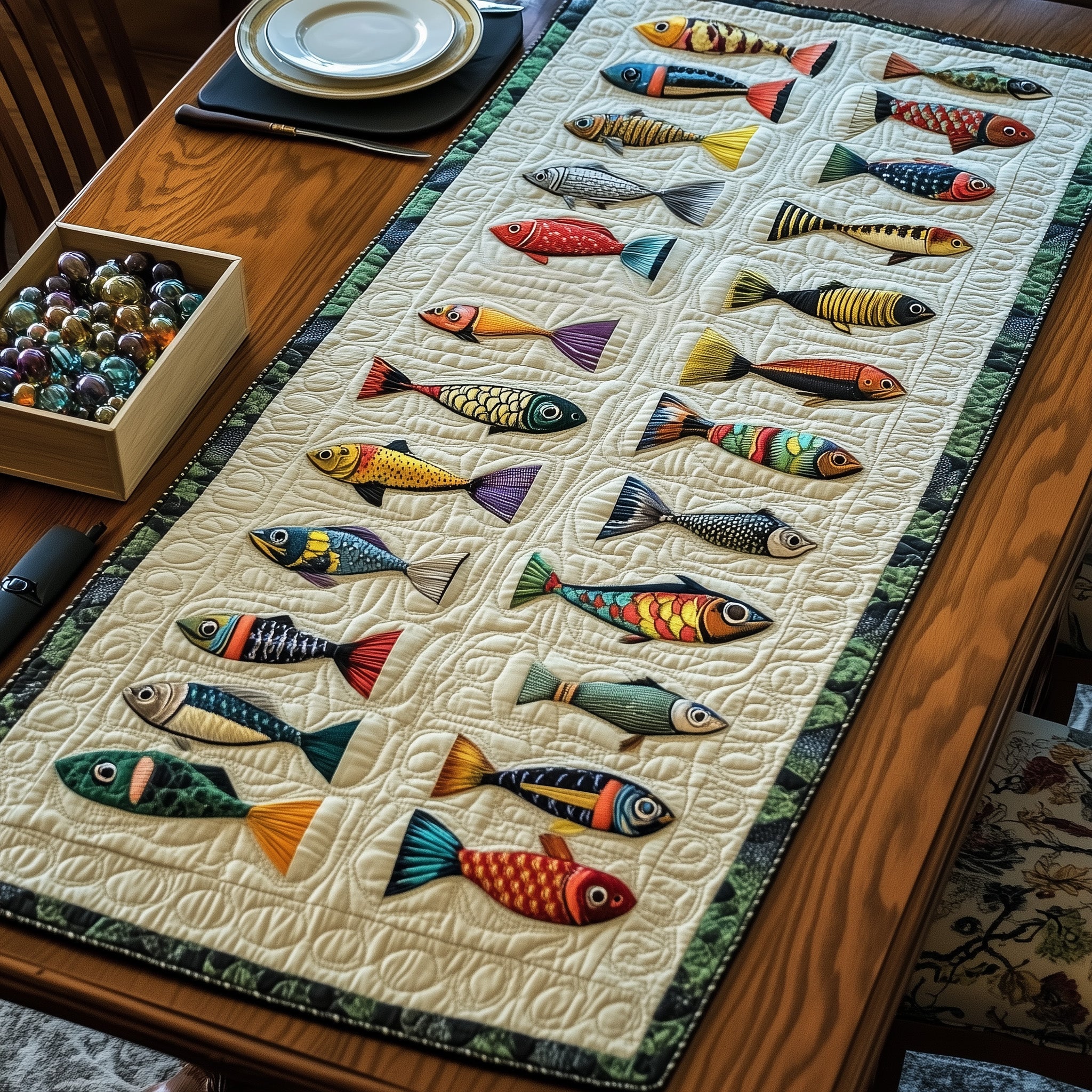 Fishing Delights Quilted Table Runner Holiday Banquet Table Runner
