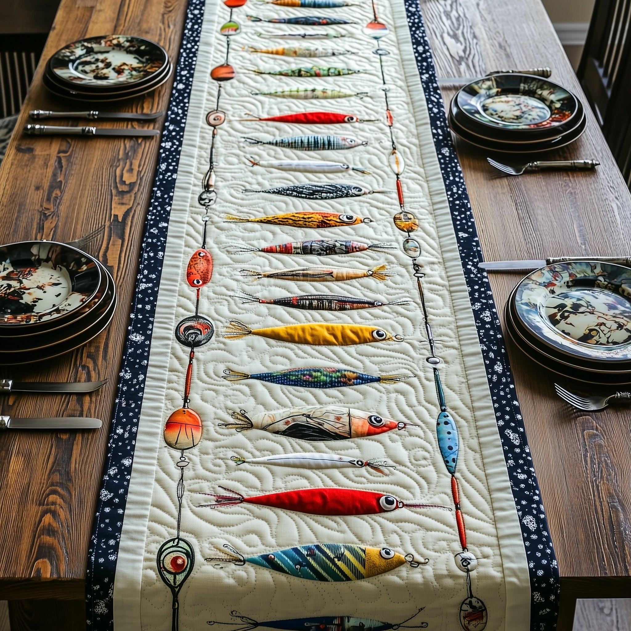 Fishing Delights Quilted Table Runner Holiday Dinner Table Runner