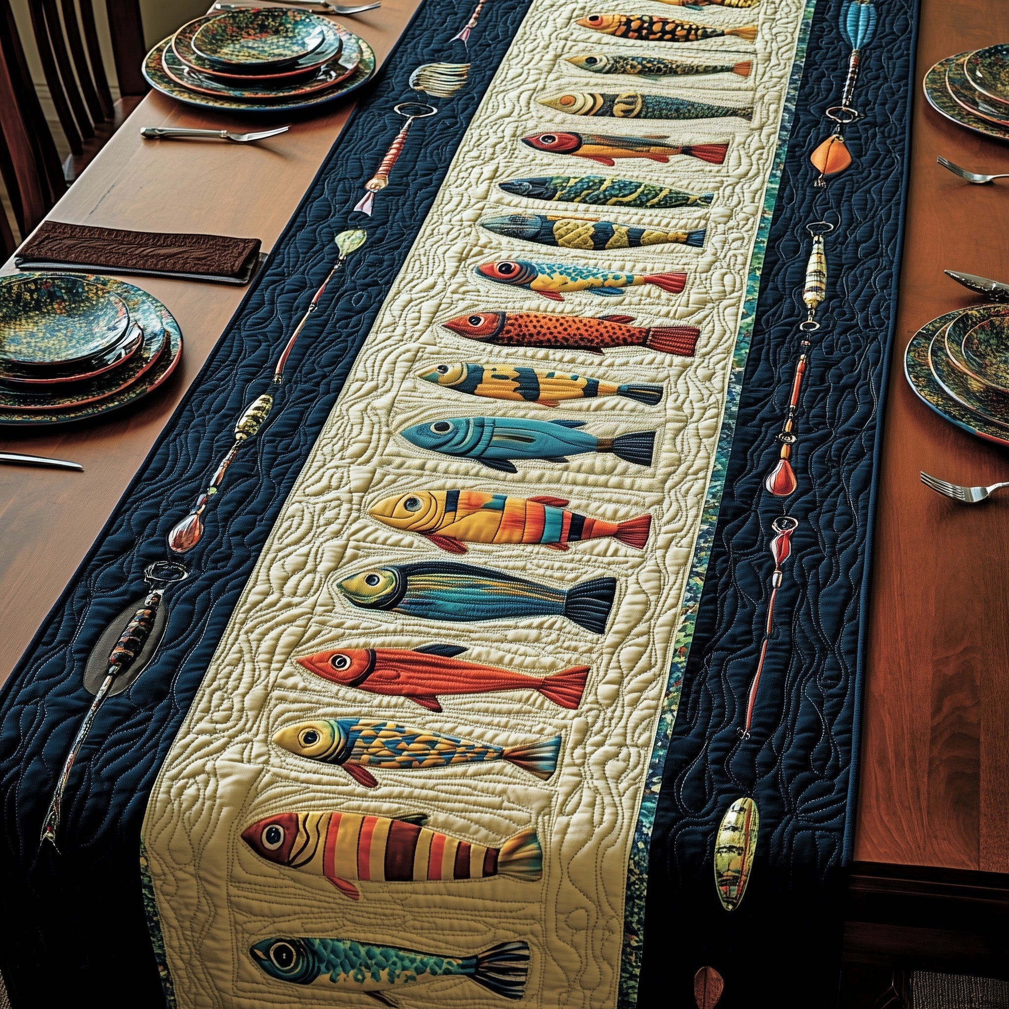 Fishing Delights Quilted Table Runner Holiday Season Table Runner
