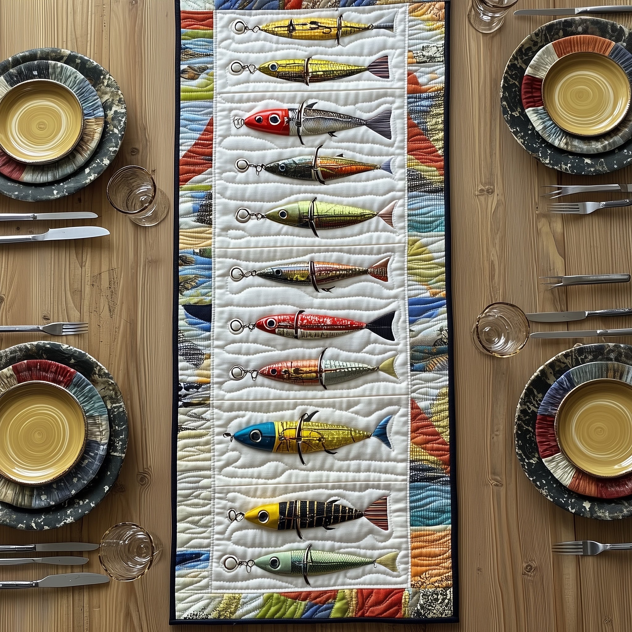 Fishing Delights Quilted Table Runner Holiday Table Runner for Kitchen Decor