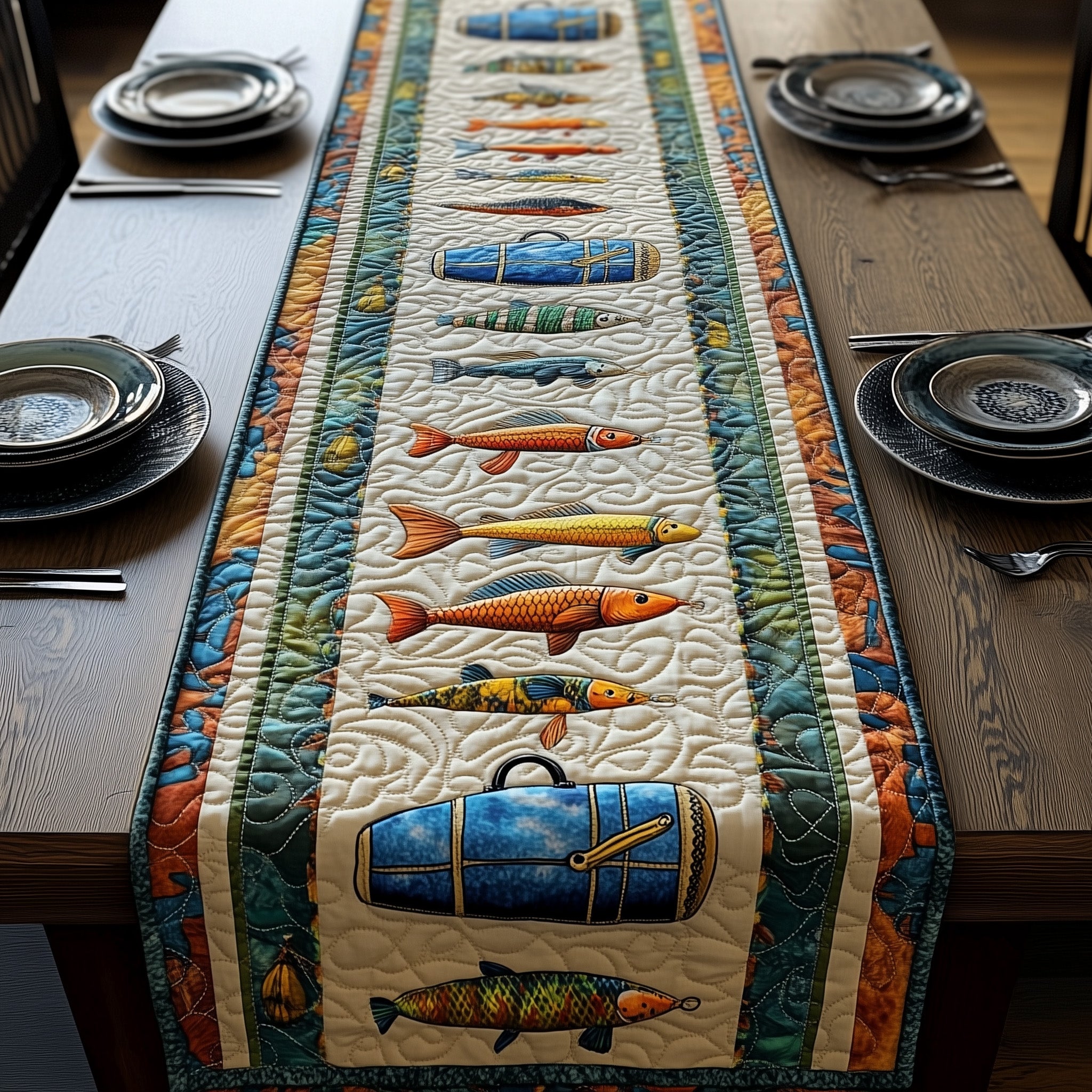 Fishing Delights Quilted Table Runner Holiday Table Runner Gift Idea