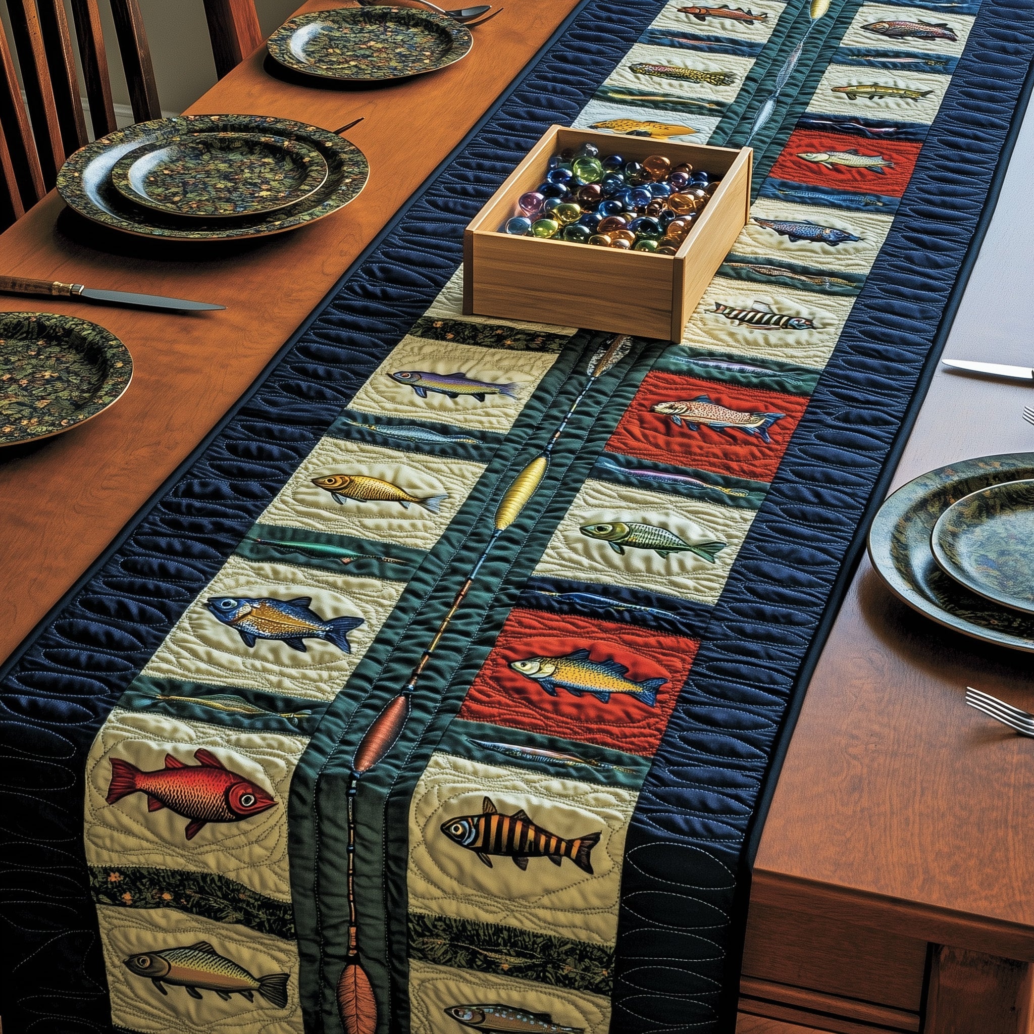 Fishing Delights Quilted Table Runner Merry Christmas Table Runner Decor