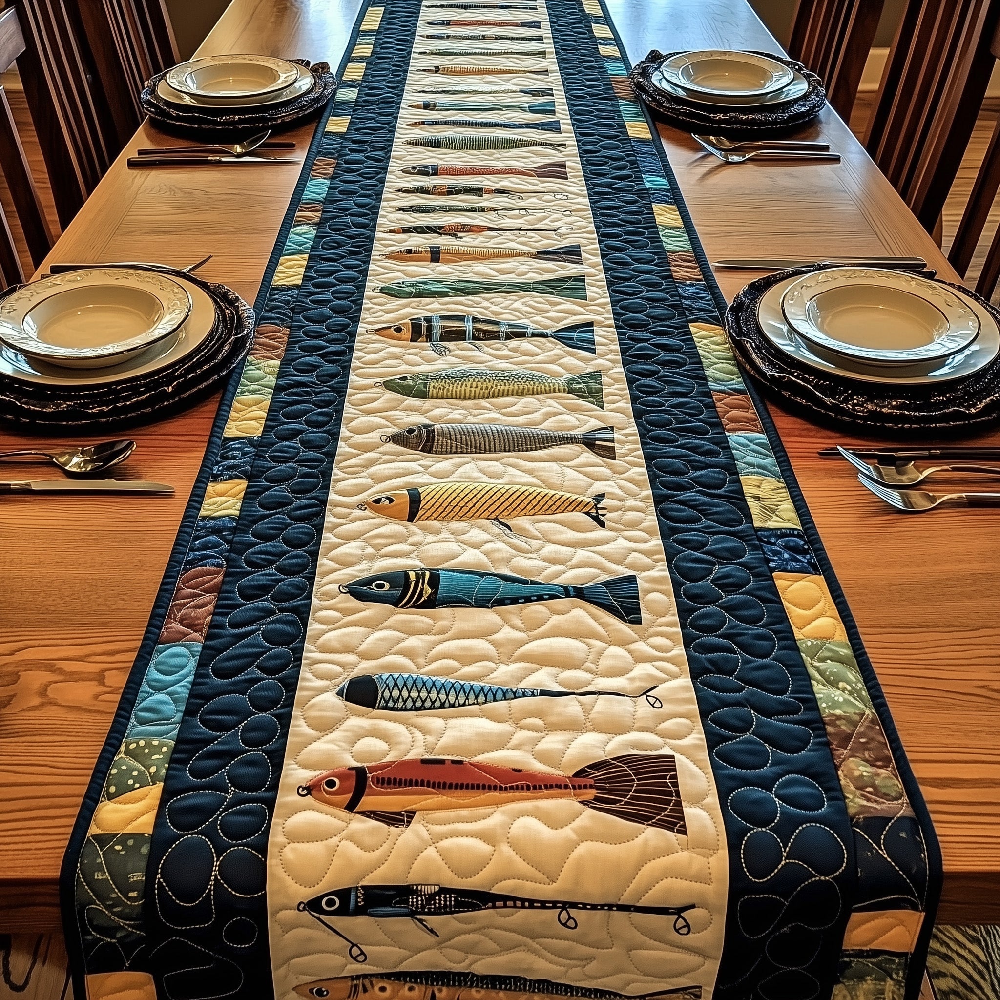 Fishing Delights Quilted Table Runner Seasonal Table Runner for Holidays