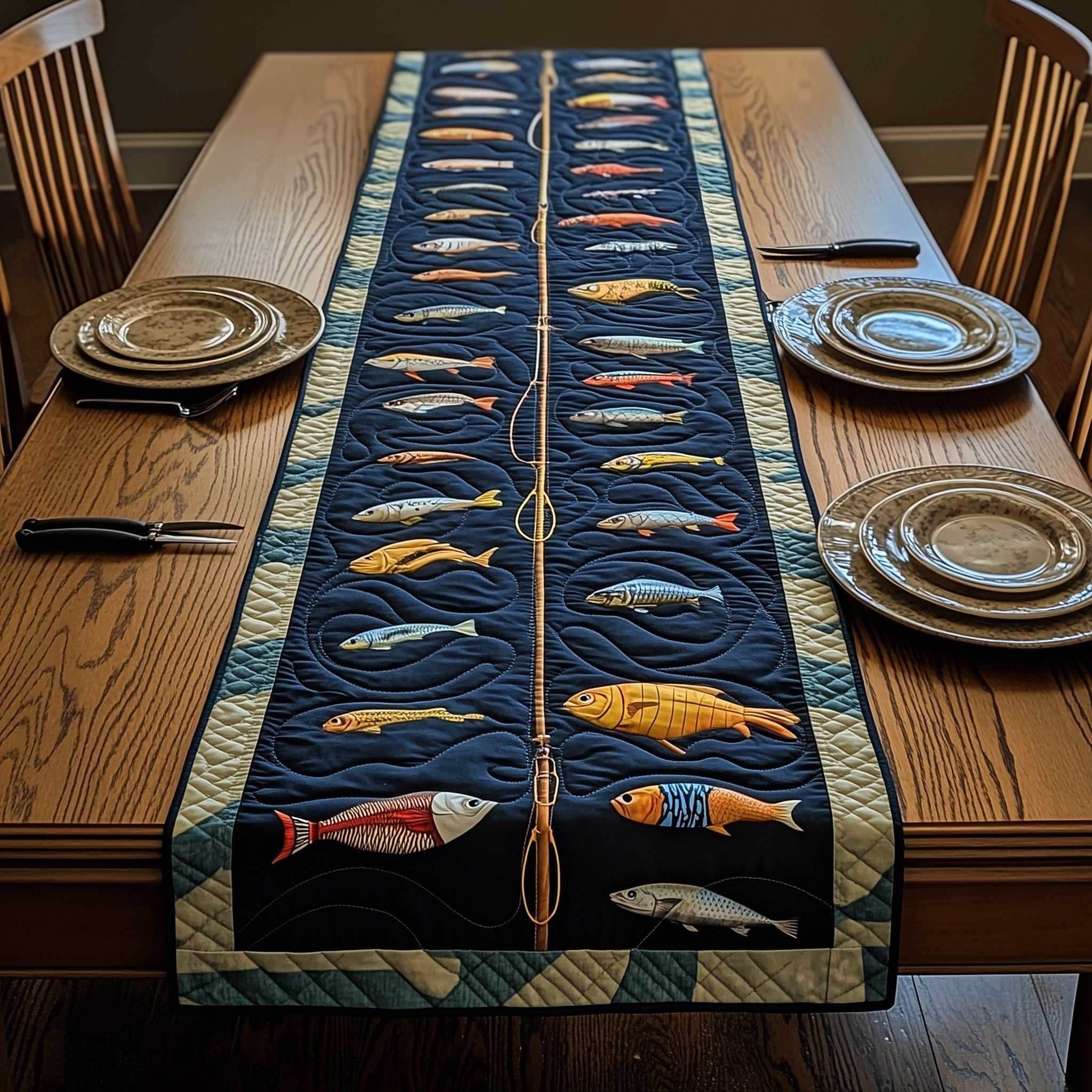 Fishing Delights Quilted Table Runner Table Runner for Christmas Decor(1)