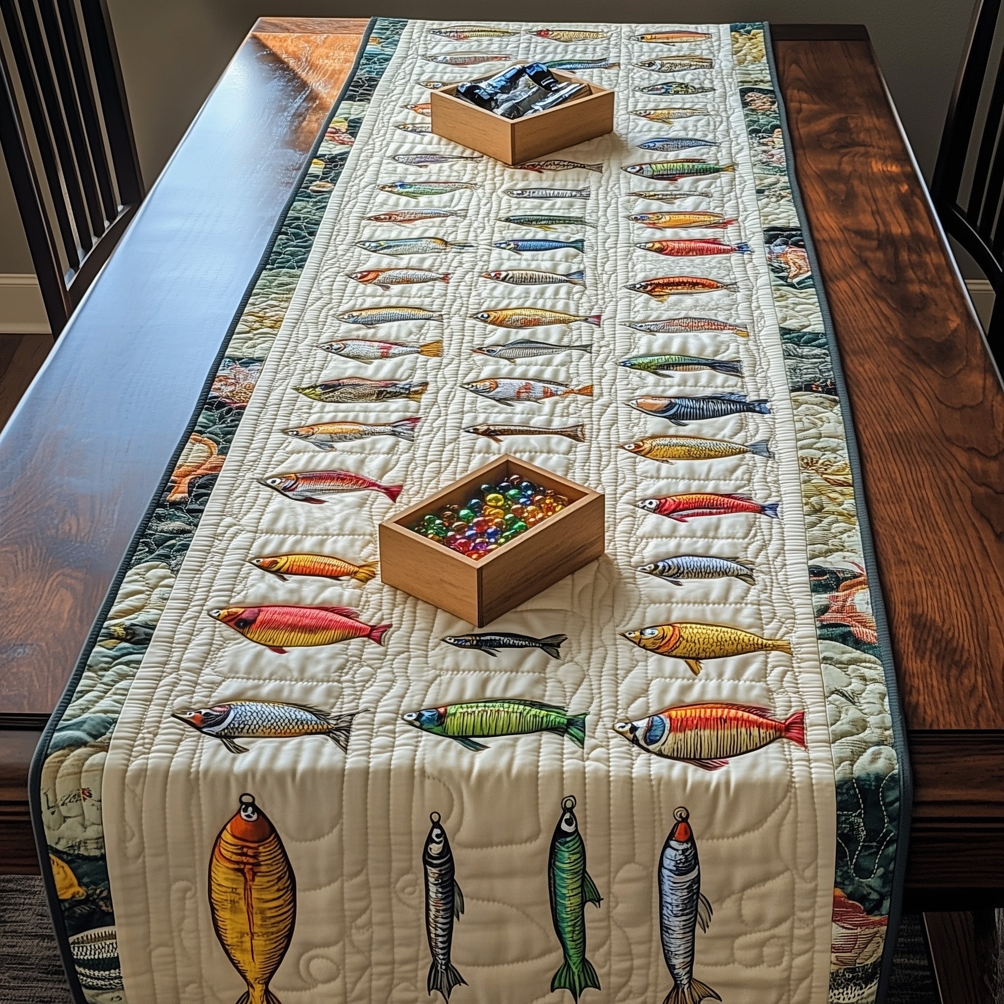 Fishing Delights Quilted Table Runner Table Runner for Holiday Gatherings
