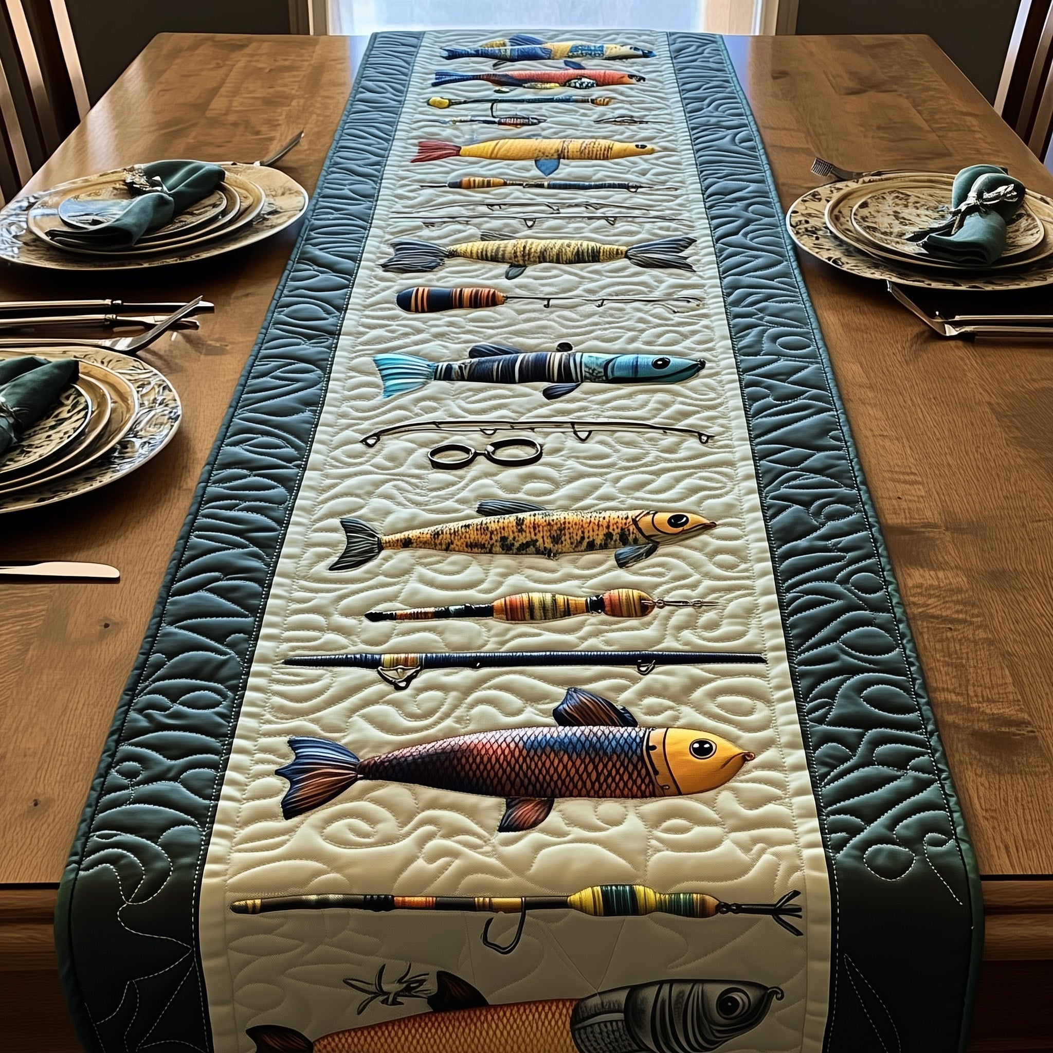 Fishing Delights Quilted Table Runner Table Runner Gift for Holiday Season
