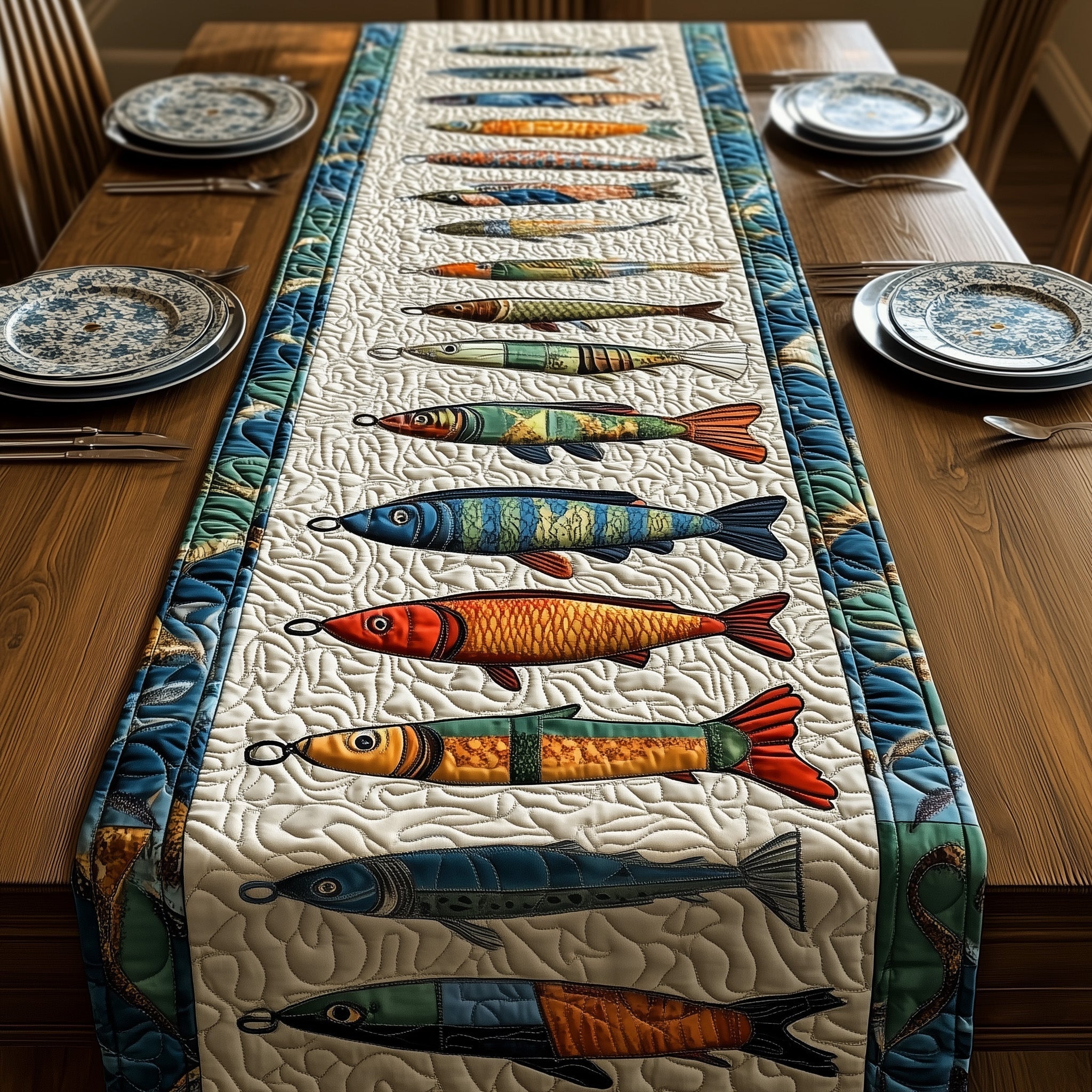 Fishing Delights Quilted Table Runner Winter Holiday Table Runner Decor