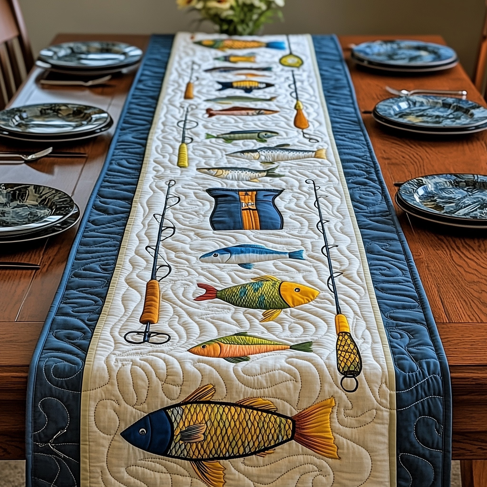 Fishing Delights Quilted Table Runner Xmas Table Runner for Family Gatherings