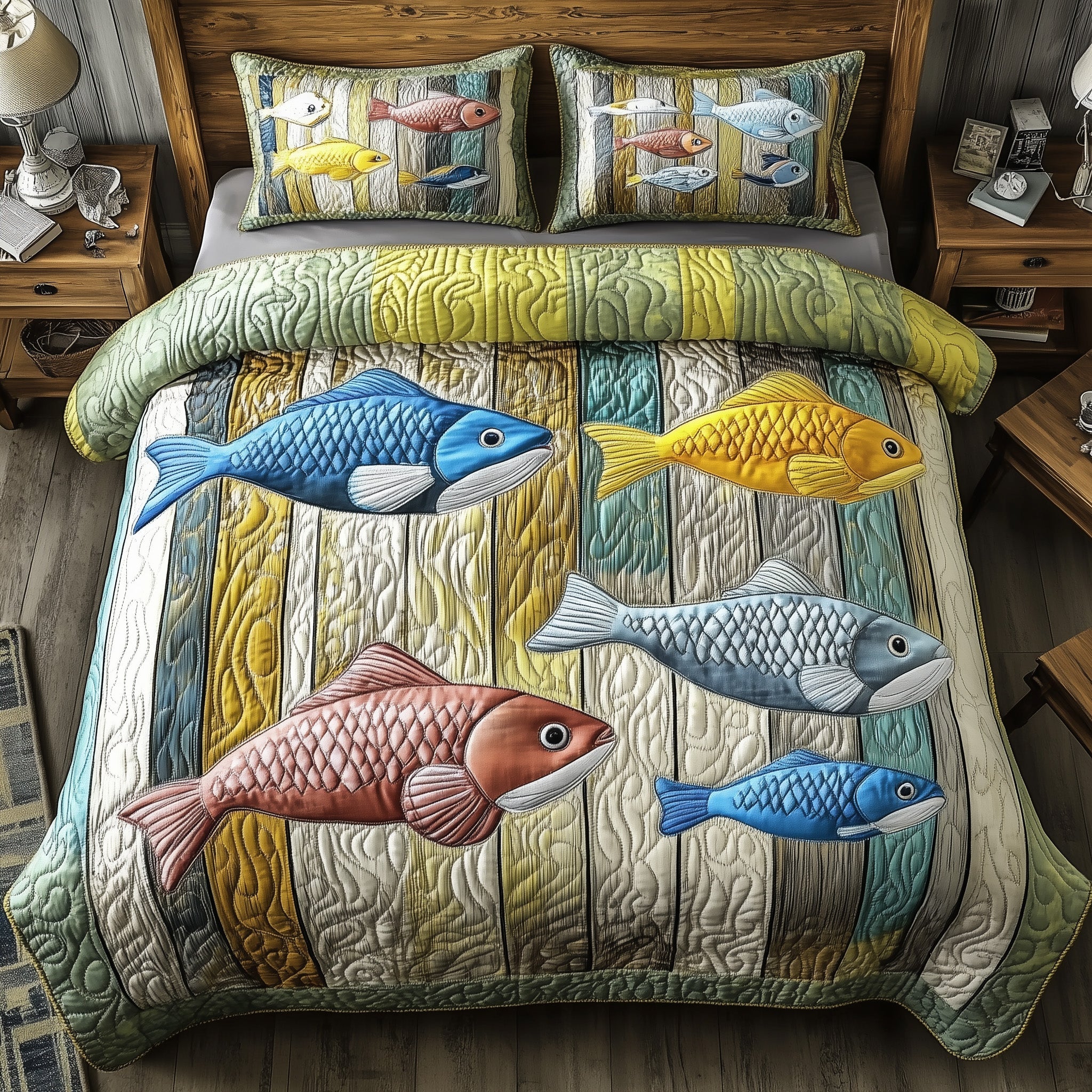 Fishing Line Fiesta Quilted Bedding Set Duvet Cover Bed Sheet Fishing Gift Ideas For Him
