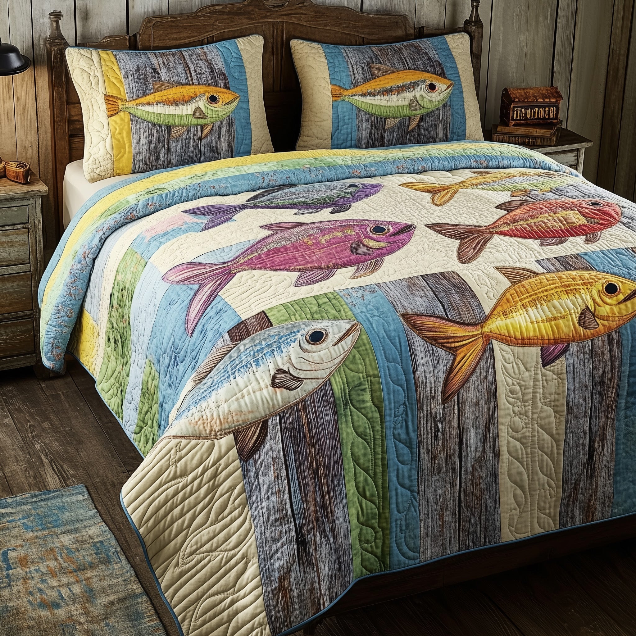 Fishing Line Fiesta Quilted Bedding Set Duvet Cover Bed Sheet Gifts For Fishermen Who Have Everything
