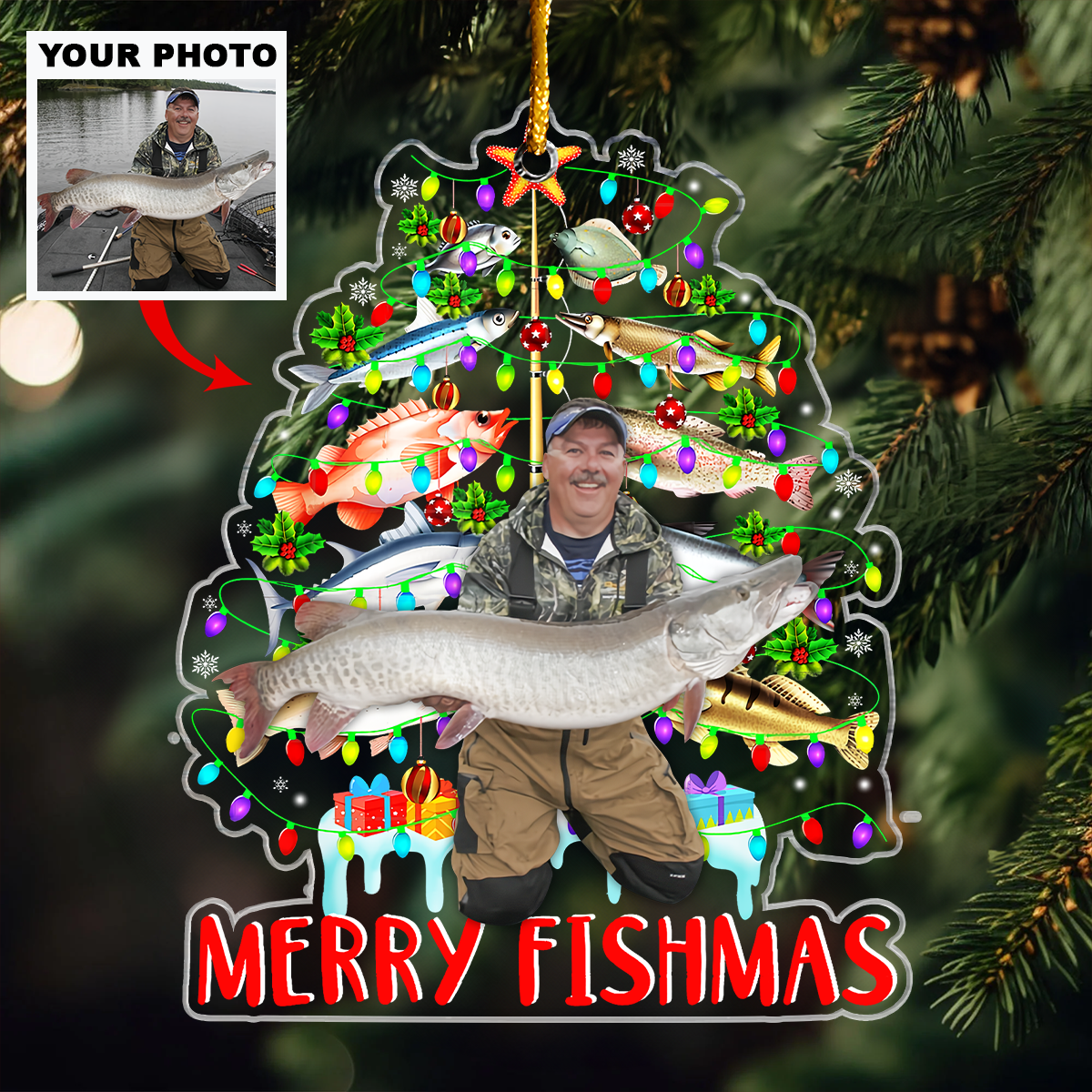Fishing Lovers Merry Fishmas Christmas Tree Personalized Photo Mica Ornament Christmas