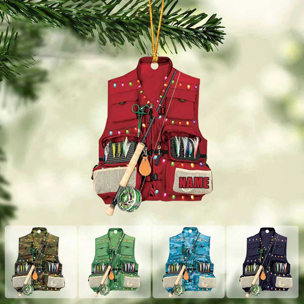 Fishing Vest With Christmas Light Personalized Ornament for Fishing Lovers Custom Name Fishing Ornament for Dad