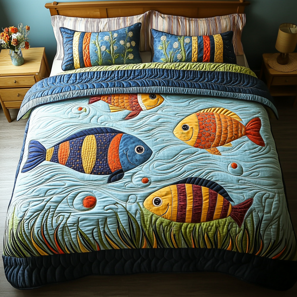 Fishy Patterns Quilted Bedding Set Bed Room Decoration Fishing Gift Ideas For Him
