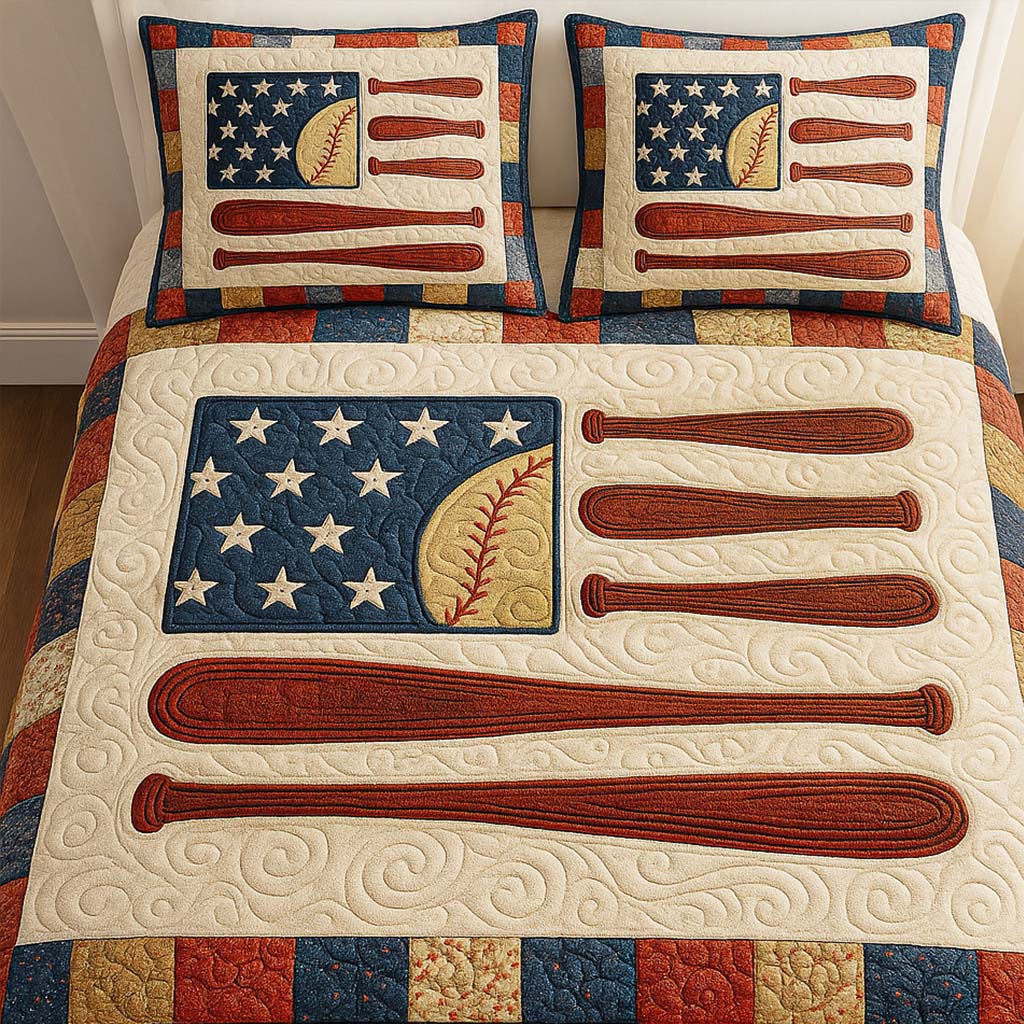 Flag and Bats Quilted Bedding Set Best Bedspread Set Christmas Gifts For A Baseball Player