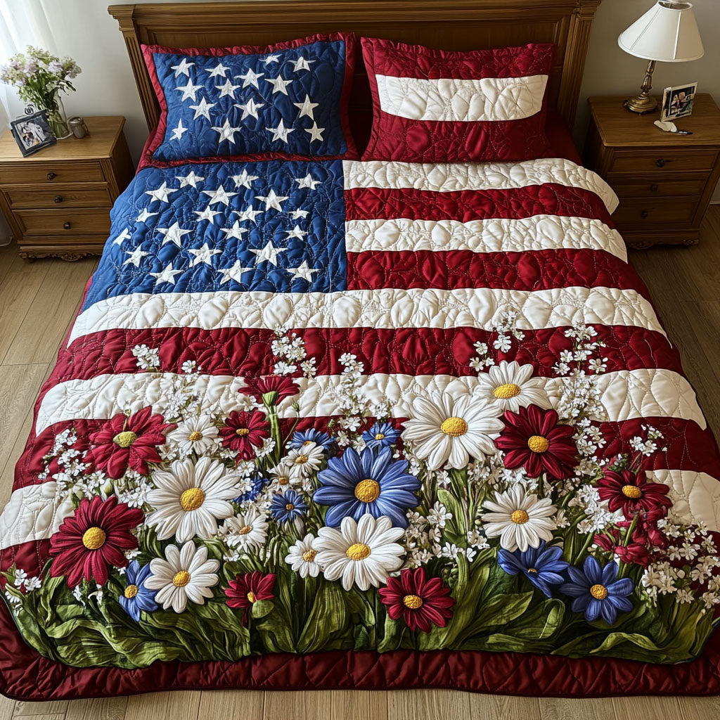 Flag and Flowers Quilted Bedding Set Bed Room Decoration Patriotic Christmas Gifts