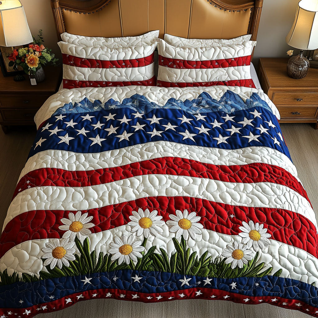 Flag and Flowers Quilted Bedding Set Best Bed Sheet Set Unique Patriotic Gifts