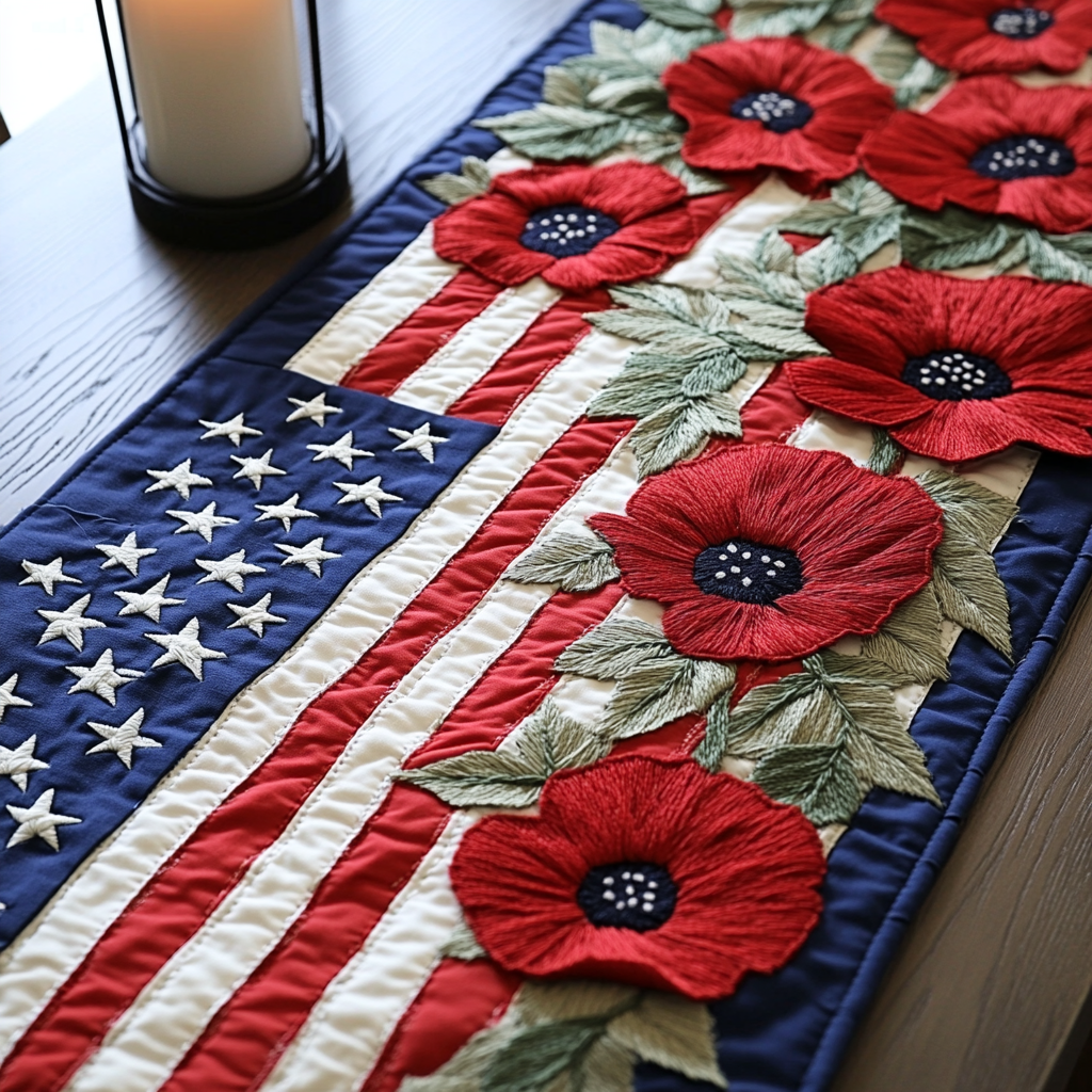 Flag Bloom Quilted Table Runner Kitchen Decor Patriotic Gift Ideas
