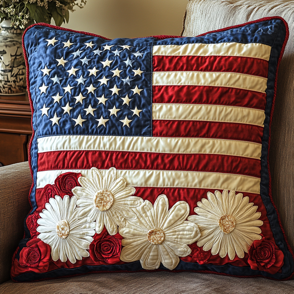 Flag Flowers Quilted Pillow Case Elegant Holiday Pillow Cover