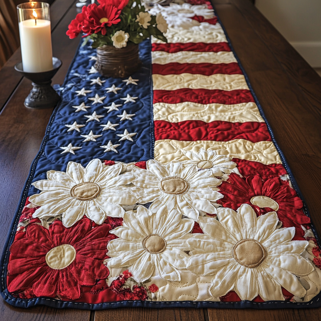 Flag Flowers Quilted Table Runner Holiday Table Runner 4th of July Gift