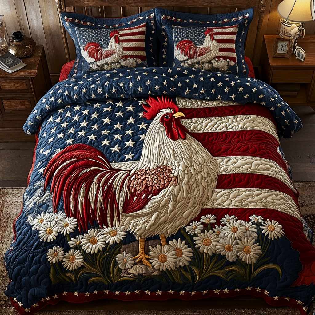 Flag Rooster Quilted Bedding Set Cute Room Decor Chicken Themed Gifts
