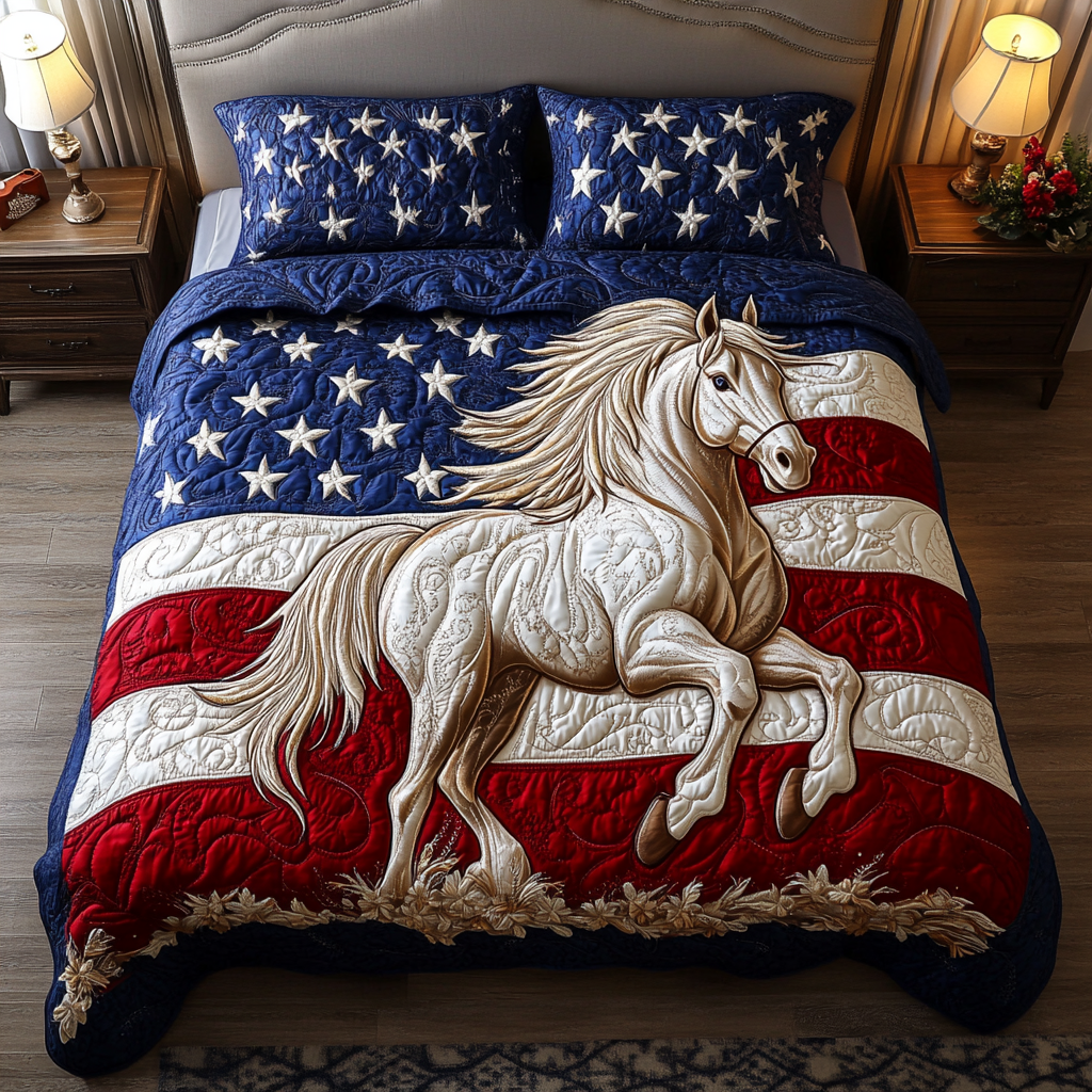 Flagged Steed Quilted Bedding Set Cute Room Decor Gifts For Horsey Ladies