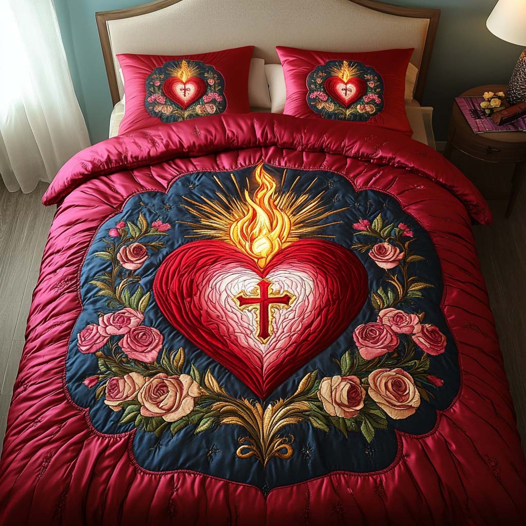 Flaming Heart Grace Quilted Bedding Set Cute Room Decor Jesus Christmas Gifts