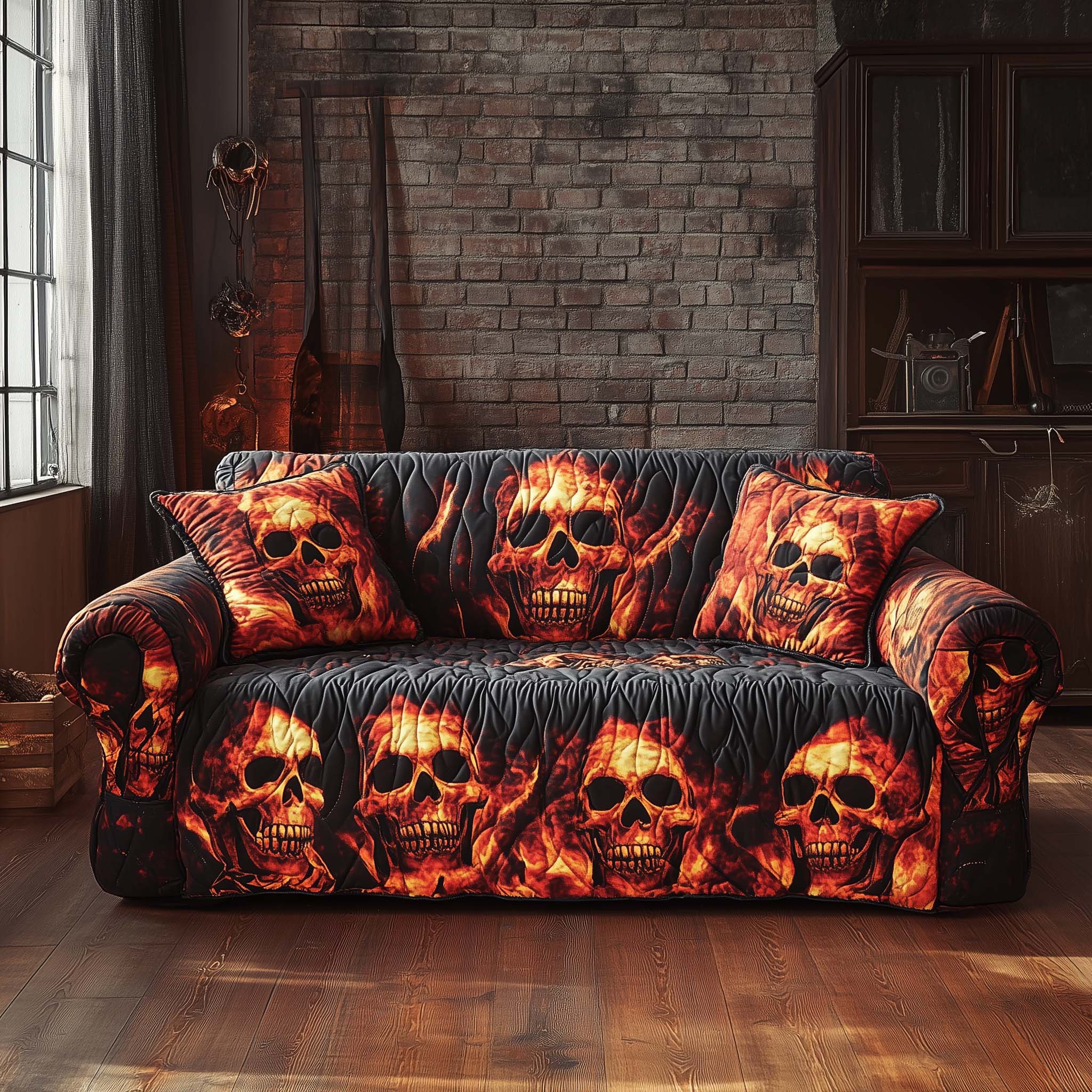 Flaming Skulls Inferno Quilted Sofa Cover Burning Fire Pattern Skull Themed Gifts