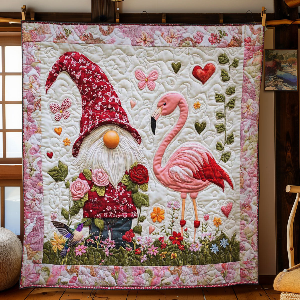 Flamingo And Gnome Blossoms Quilt Comfortable Quilt Blanket That Everyone Will Love