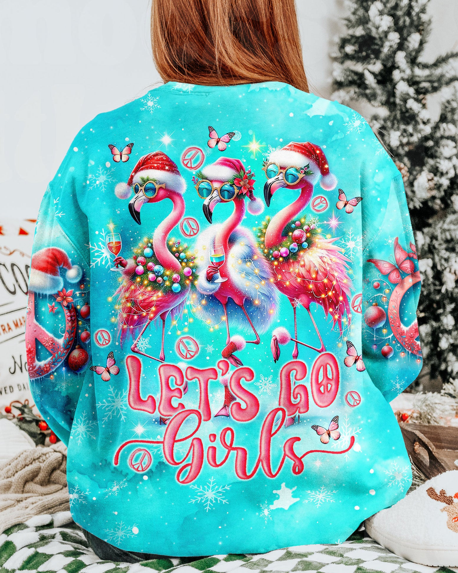 Flamingo And Peace Symbol Let's Go Girls Sweatshirt Christmas Clothes Flamingo Theme Gifts