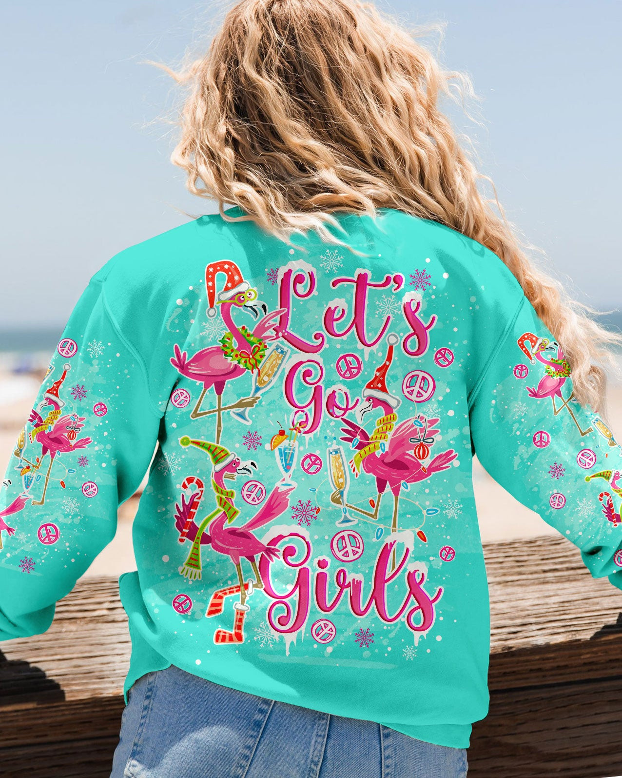 Flamingo And Peace Symbol Sweatshirt Let's Go Girls Christmas Clothes Flamingo Gifts For Ladies