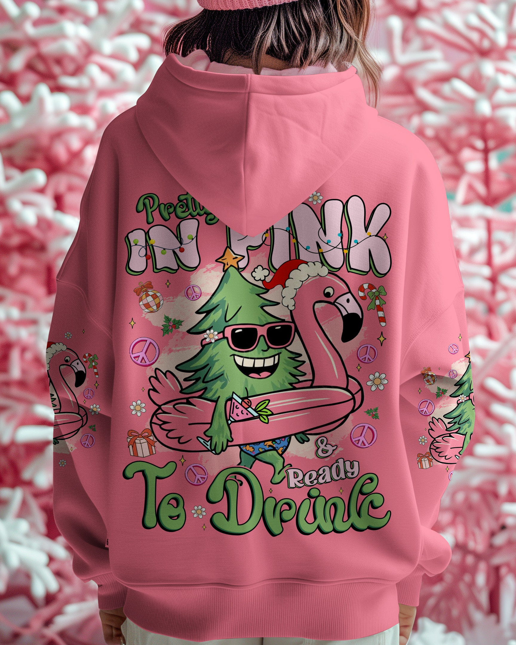 Flamingo And Pine Tree Hoodie Pretty In Pink Funny Clothes Christmas Flamingo Presents