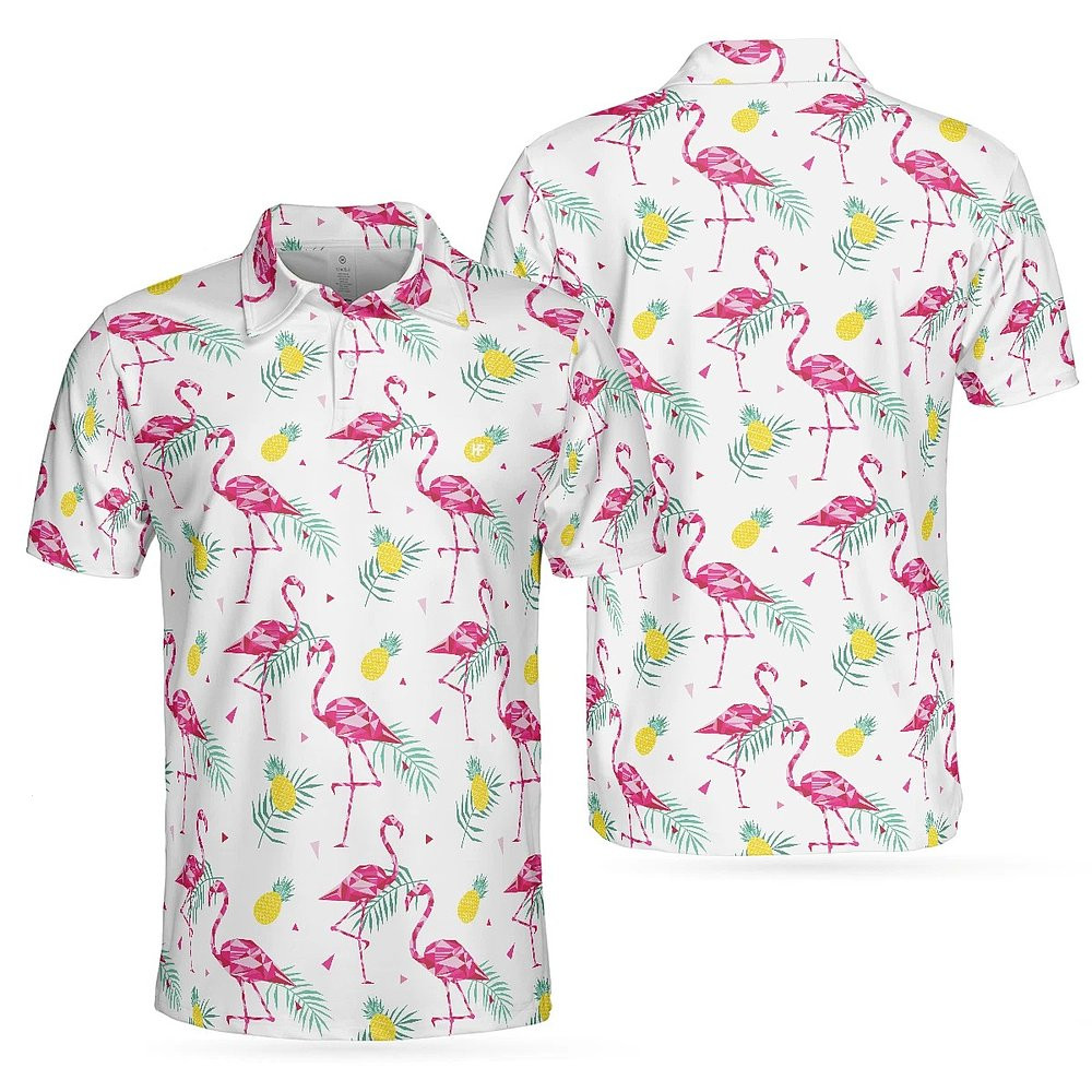 Flamingo And Tropical Pattern Men Polo Shirt White Flamingo Themed Shirt Him Gifts