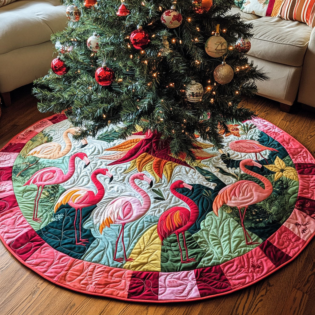 Flamingo Ballet Quilted Christmas Tree Skirt Unique Holiday Gift Merch for Family Homes